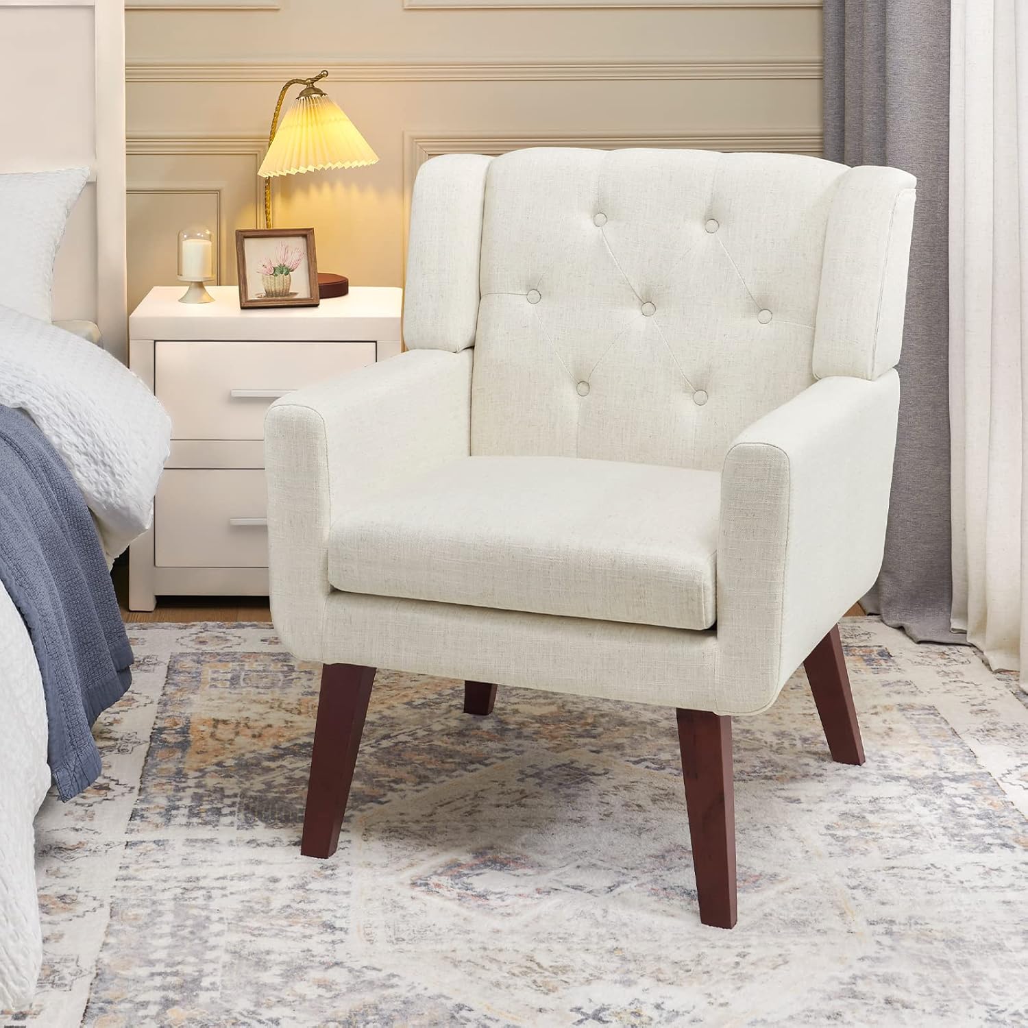 Living&Giving Accent Chair Button-Tufted Upholstered Living Room Chairs Comfy Reading Mid Century Modern with Linen Fabric Lounge Arm for Bedroom (Beige) 29.33D x 28.94W x 34.65H Inch