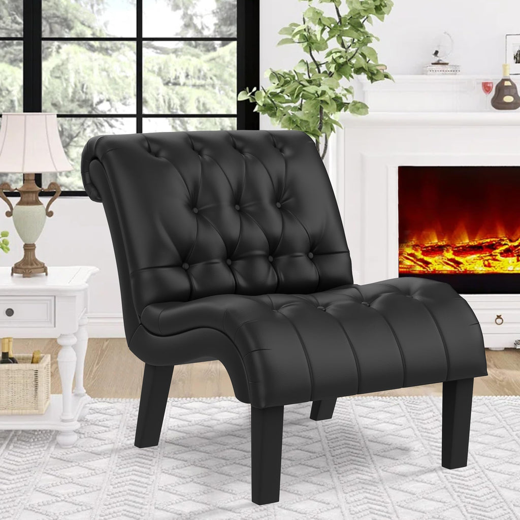 Mid Century Modern Accent Chair, Button Tufted Armless Lounge Chair, Upholstered Linen Side Chair with Solid Wood Legs for Bedroom, Living Room, Office