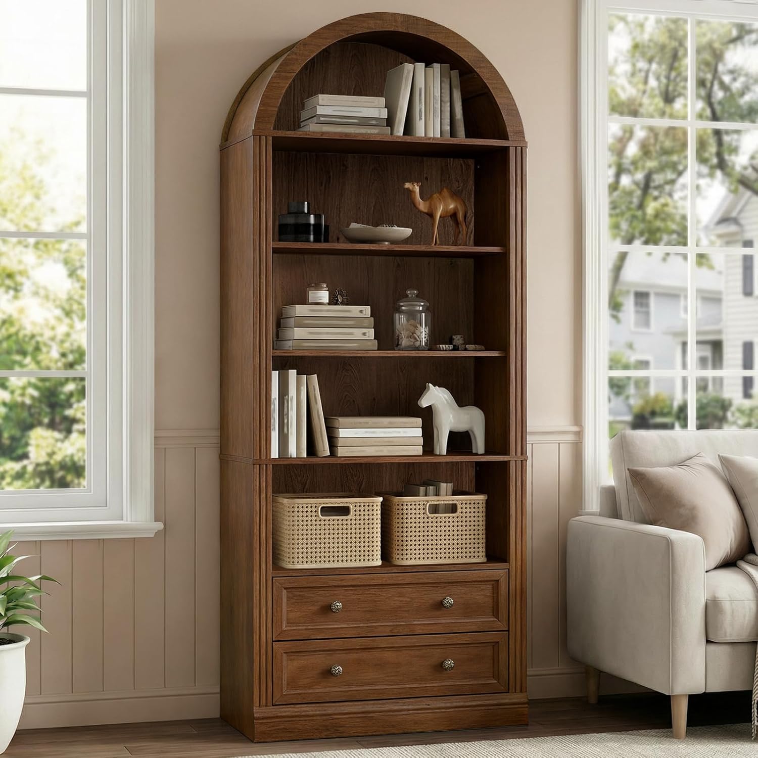 RALGEND Farmhouse Arched Bookshelf, 7 Tiers Arch Bookcase with 2 Spacious Drawers, Modern Book Shelf with Open Display Shelves and Storage Cabinet, for Office, Living Room, Kitchen, Walnut