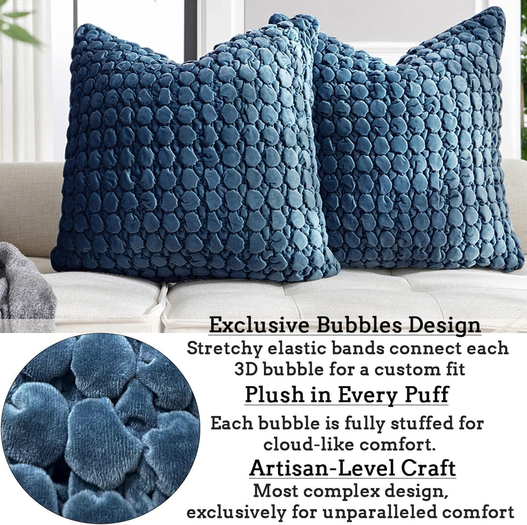 Pillow Covers 24x24 Set of 2 Velvet Euro Shams Decorative Farmhouse Pillowcases Boho Square Cushion Covers Soft Bubble Texture for Couch Sofa Bed Bedroom Car Living Room,Blue