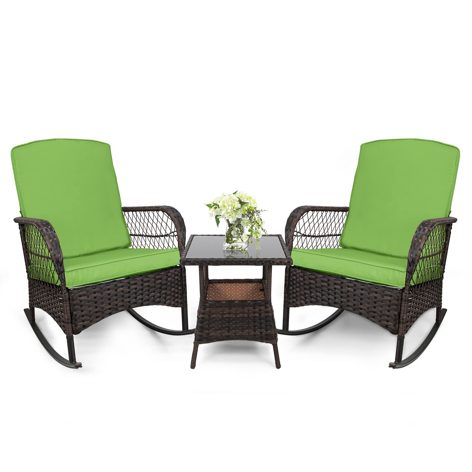 LEVELEVE 3 pcs Rocking Bistro Set Conversation Chairs PE Wicker Outdoor Rocking Chairs & Glass Table,for Porch Lawn Garden Backyard Deck(Rocking Set,Black)