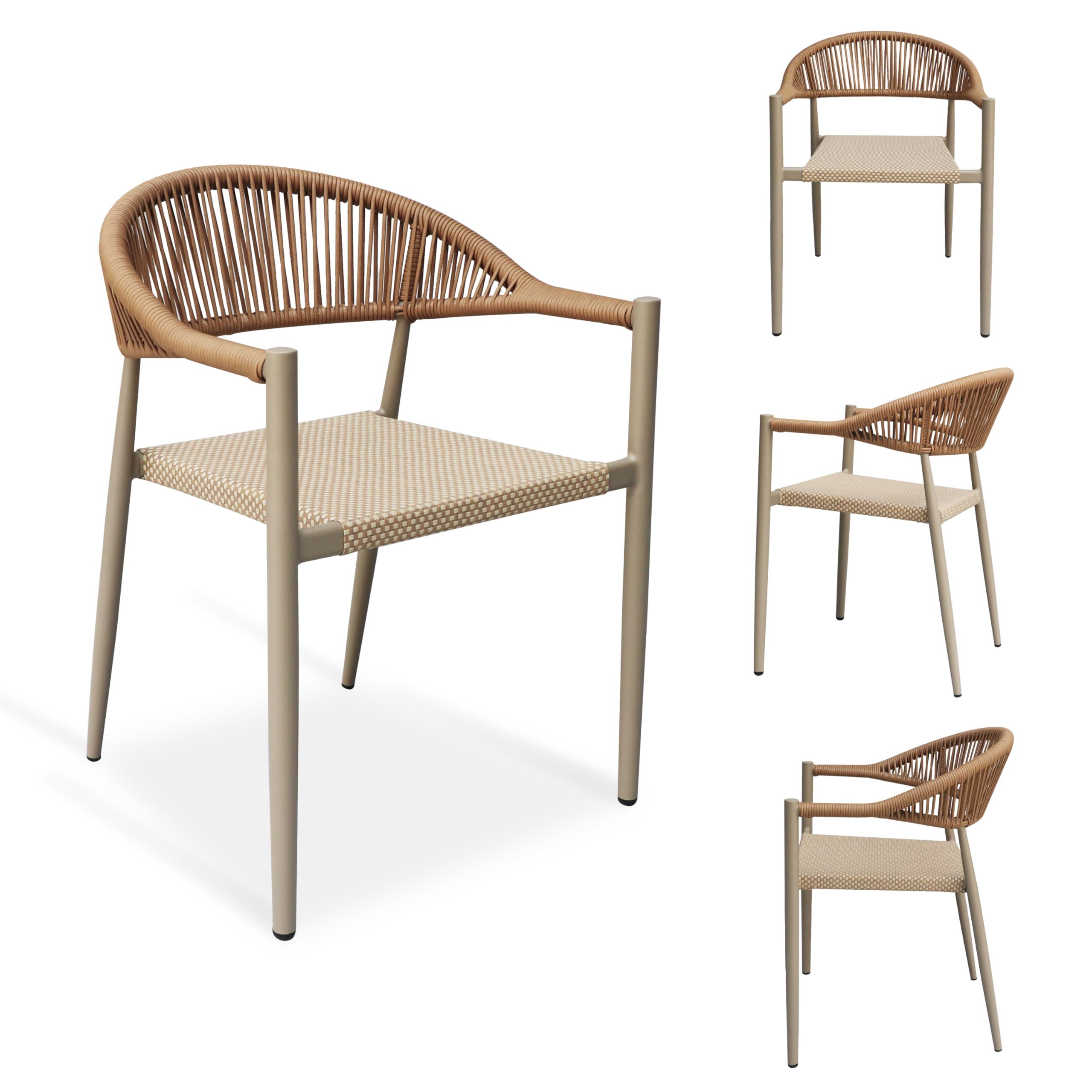 4 Pcs Stackable Patio Dining Chairs, Aluminum Rattan Outdoor Dining Chair with Arms, Woven Rope Garden Armchair Metal No Assembly for Bistro Balcony Porch Deck Yard Cafe Restaurant, Light Brown