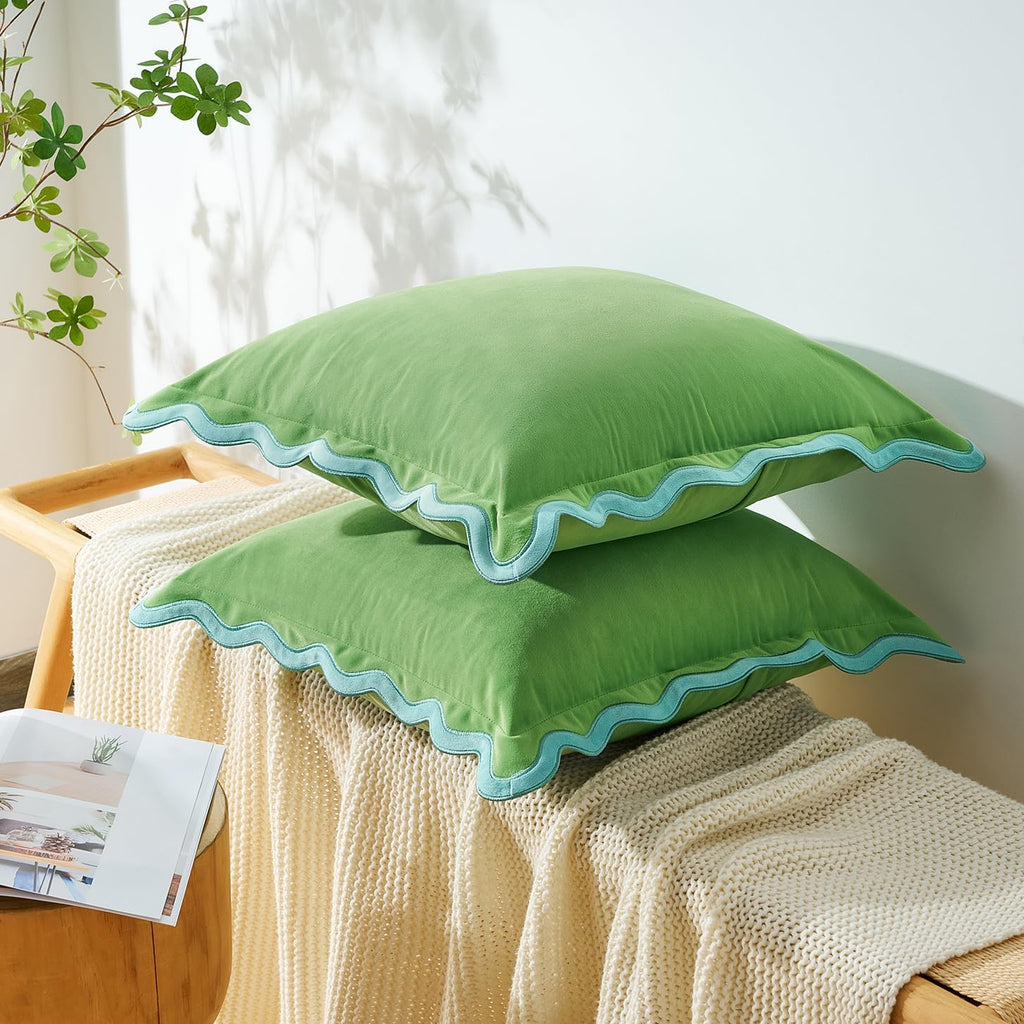 MONDAY MOOSE Decorative Throw Pillow Covers Cushion Cases, Set of 2 Soft Velvet Scalloped Wavy Edge Designs, Pillow Inserts Not Included (22x22 inch, Light Green/Light Blue)