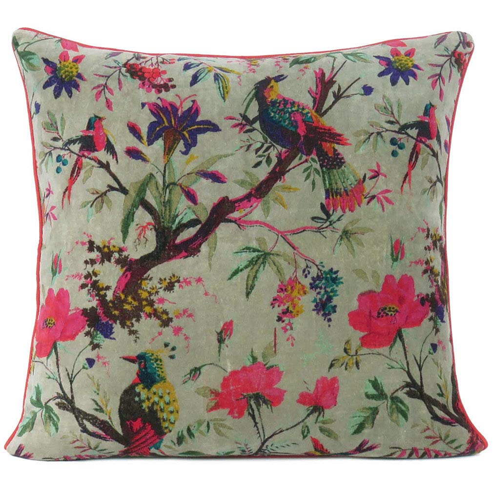 24x24 inch Burgundy Red Velvet Floral Flower Bird Throw Pillow Sofa Cushion Cover Case Couch Bohemian Accent Colorful Boho Chic Indian Handmade Cover Only