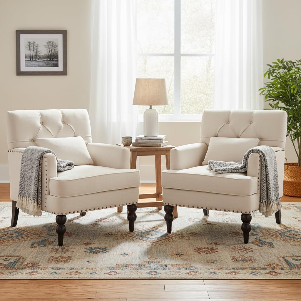 Mid-Century Linen Studded Armchair with Pillow, Beige