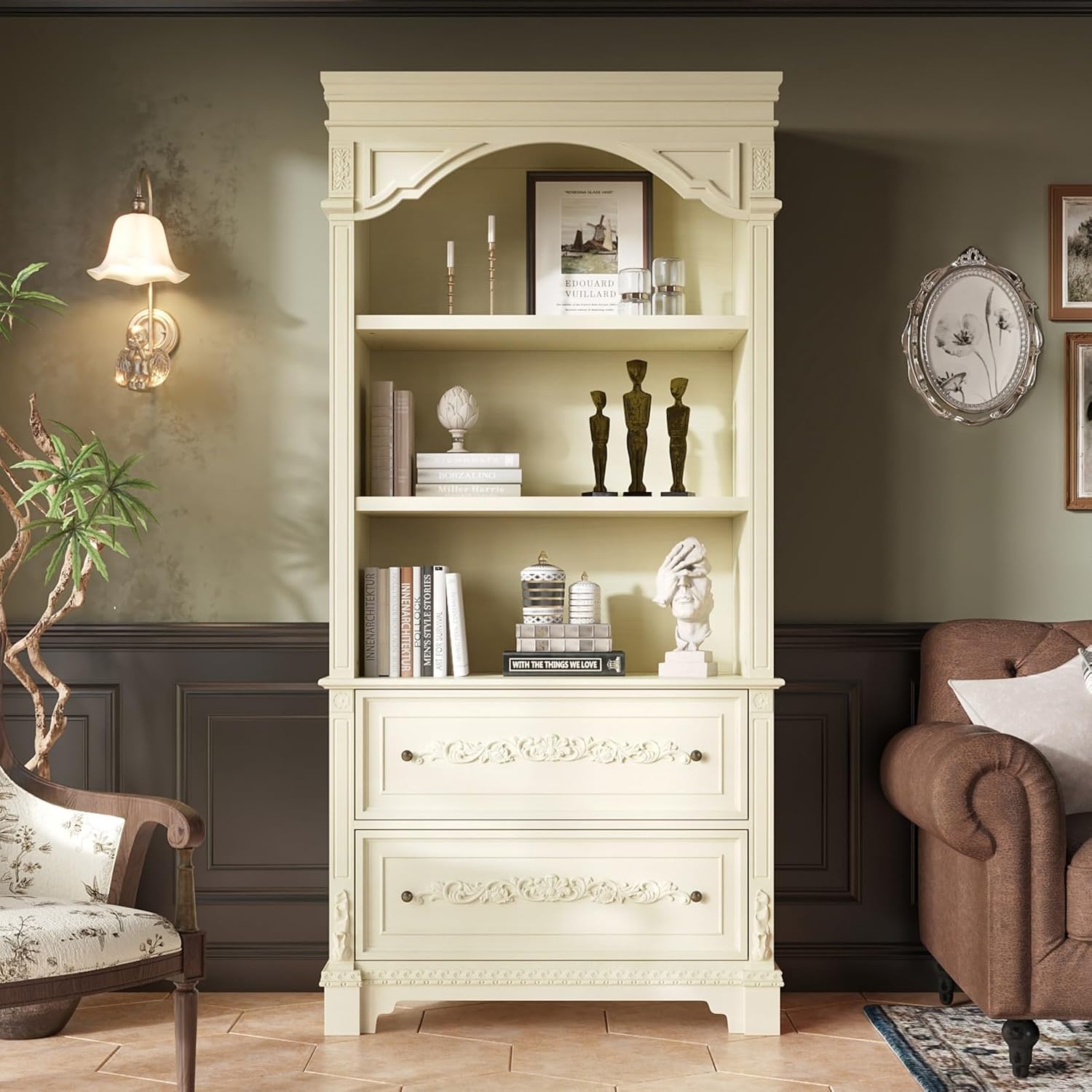 Vintage Arch Bookshelf with 2 Drawers and 3 Shelves, Decorative Display Bookcase, Carved Floral Patterns, Ivory 36.2”W x 15.4”D x 76.6”H