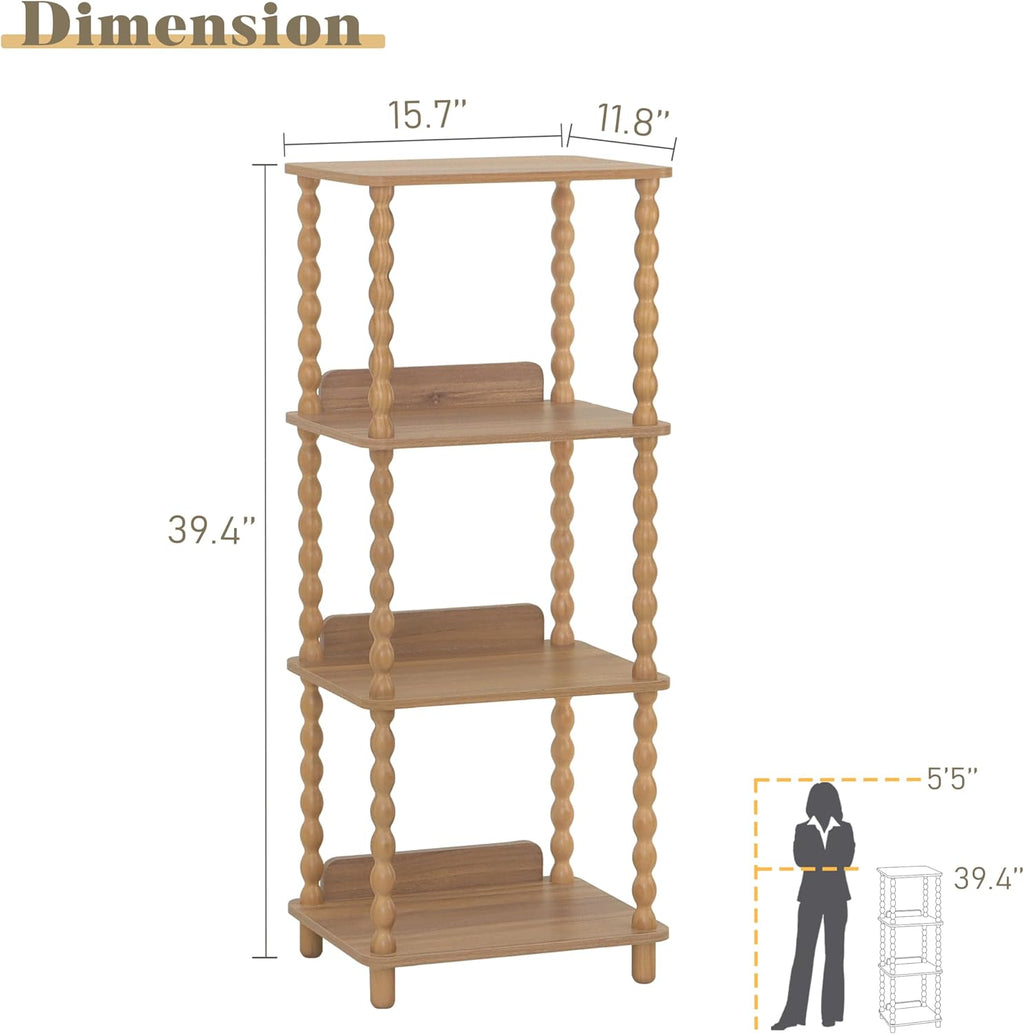 Fultyle Caramel Tan 4-Tier Open Wooden-Leg Bookshelf for Bedroom, Living Room & Office
