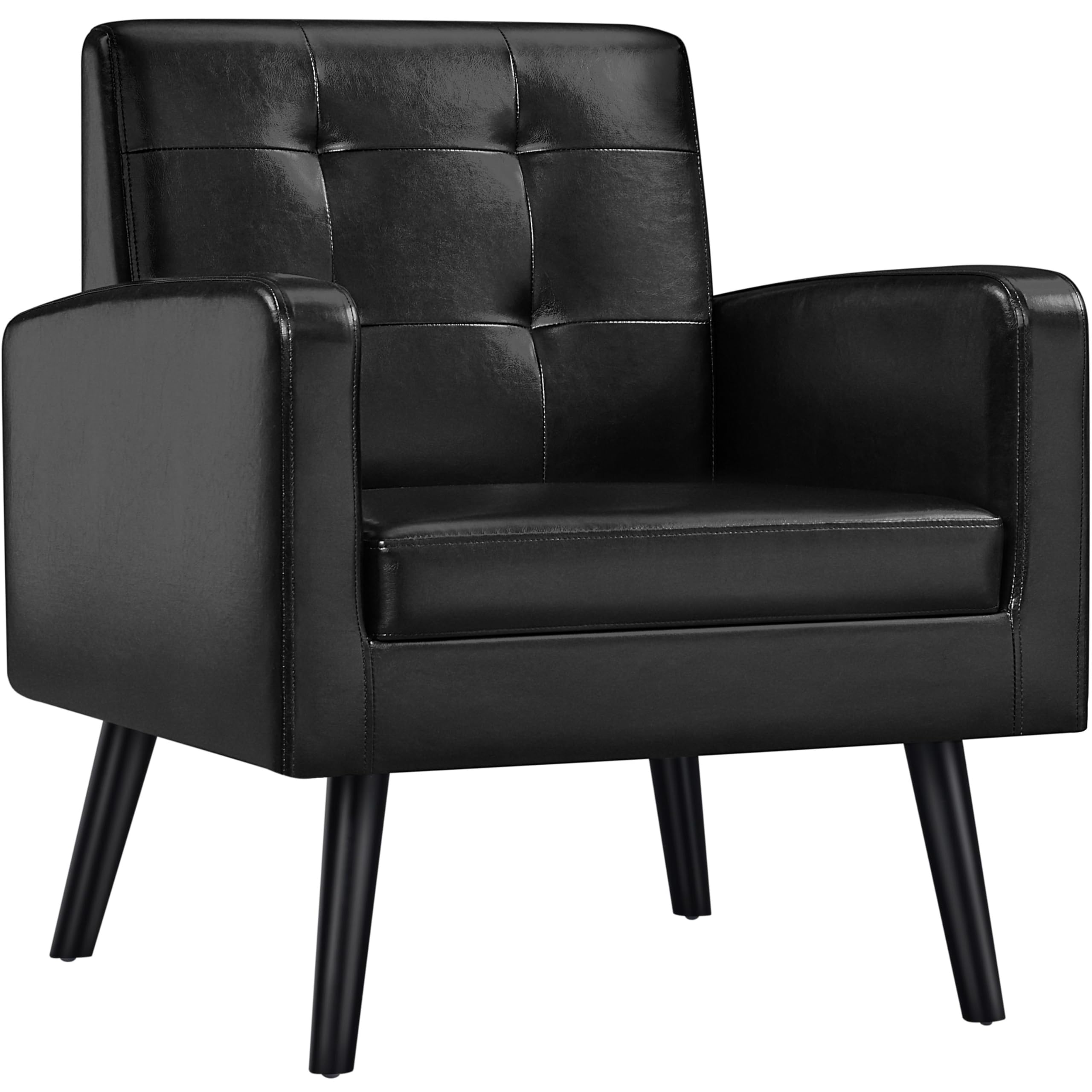 Yaheetech Mid-Century Accent Chairs, Modern Upholstered Living Room Chair, Cozy Armchair Button Tufted Back and Wood Legs for Bedroom/Office/Cafe, Navy Blue