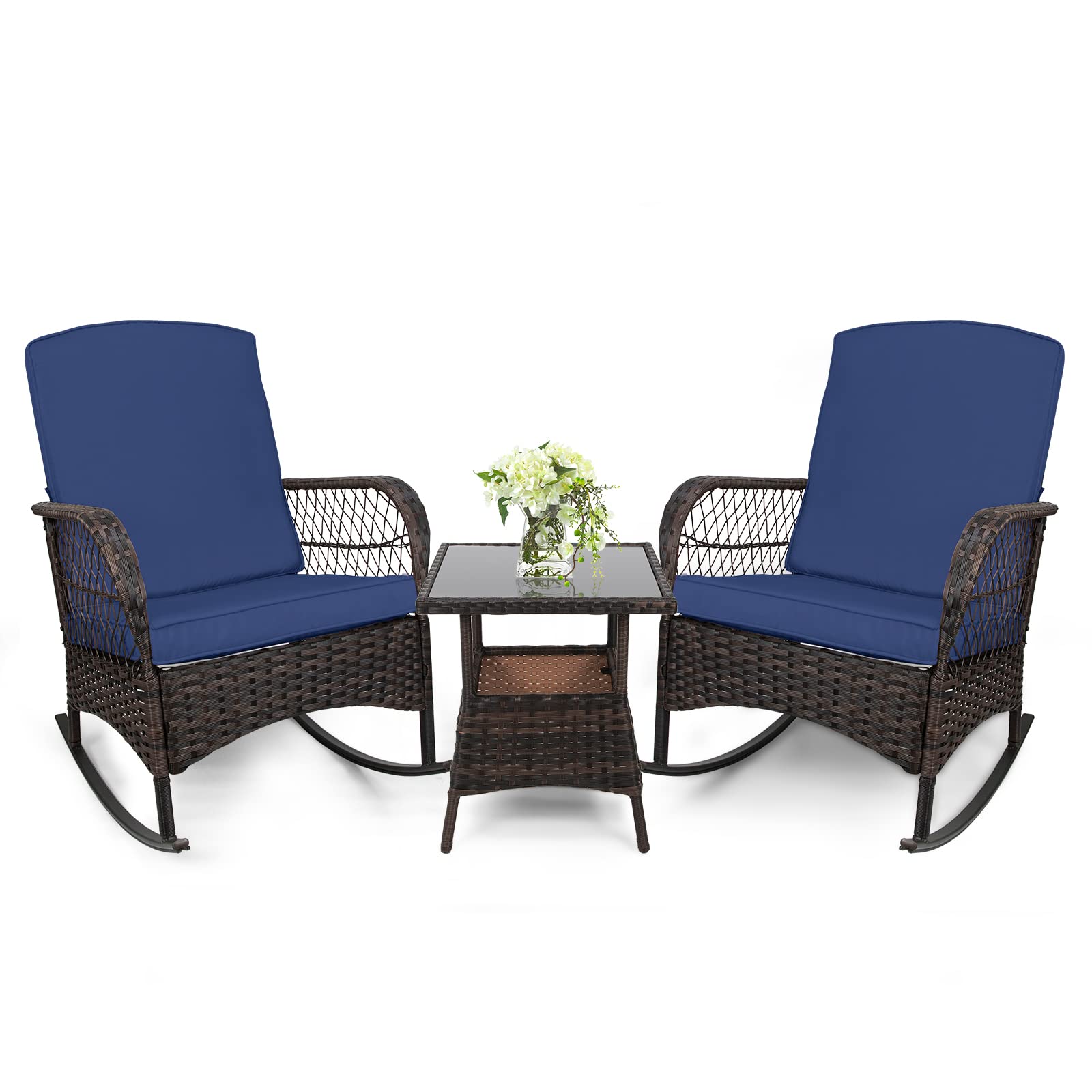 LEVELEVE 3 pcs Rocking Bistro Set Conversation Chairs PE Wicker Outdoor Rocking Chairs & Glass Table,for Porch Lawn Garden Backyard Deck(Rocking Set,Black)