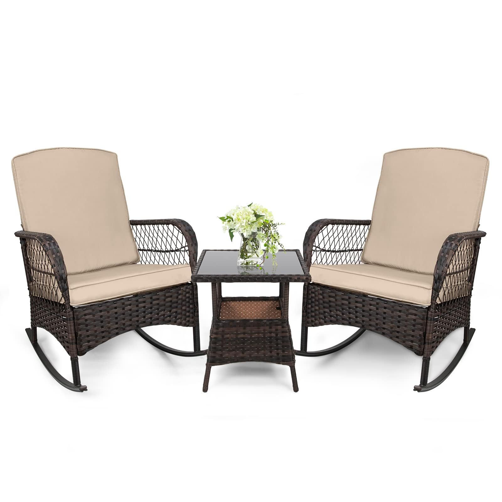 LEVELEVE 3 pcs Rocking Bistro Set Conversation Chairs PE Wicker Outdoor Rocking Chairs & Glass Table,for Porch Lawn Garden Backyard Deck(Rocking Set,Black)