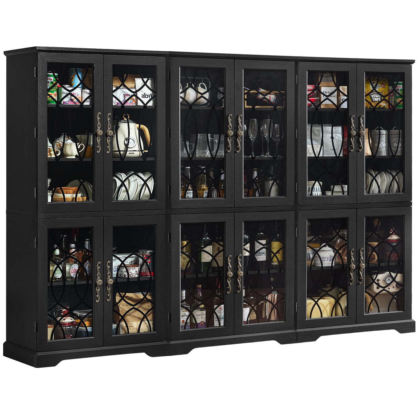 Joaxswe 67" Tall Bookshelf, Rustic Book Shelf w/Vintage Pattern Tempered Glass Doors, 5-Tier Wood Bookcase with Adjustable Storage Shelves, Retro Curio Display Cabinet for Living Room, Brown