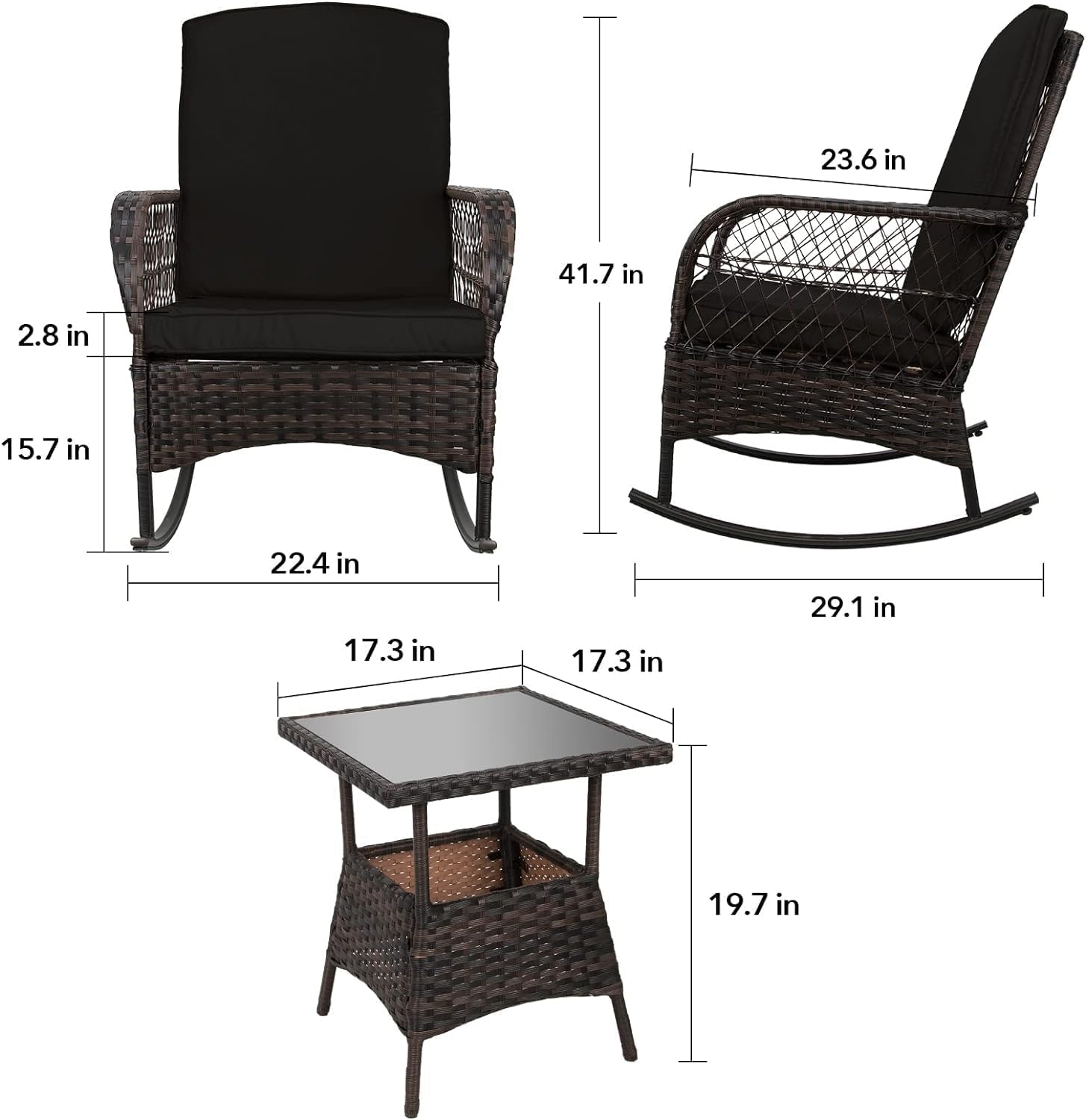 LEVELEVE 3 pcs Rocking Bistro Set Conversation Chairs PE Wicker Outdoor Rocking Chairs & Glass Table,for Porch Lawn Garden Backyard Deck(Rocking Set,Black)