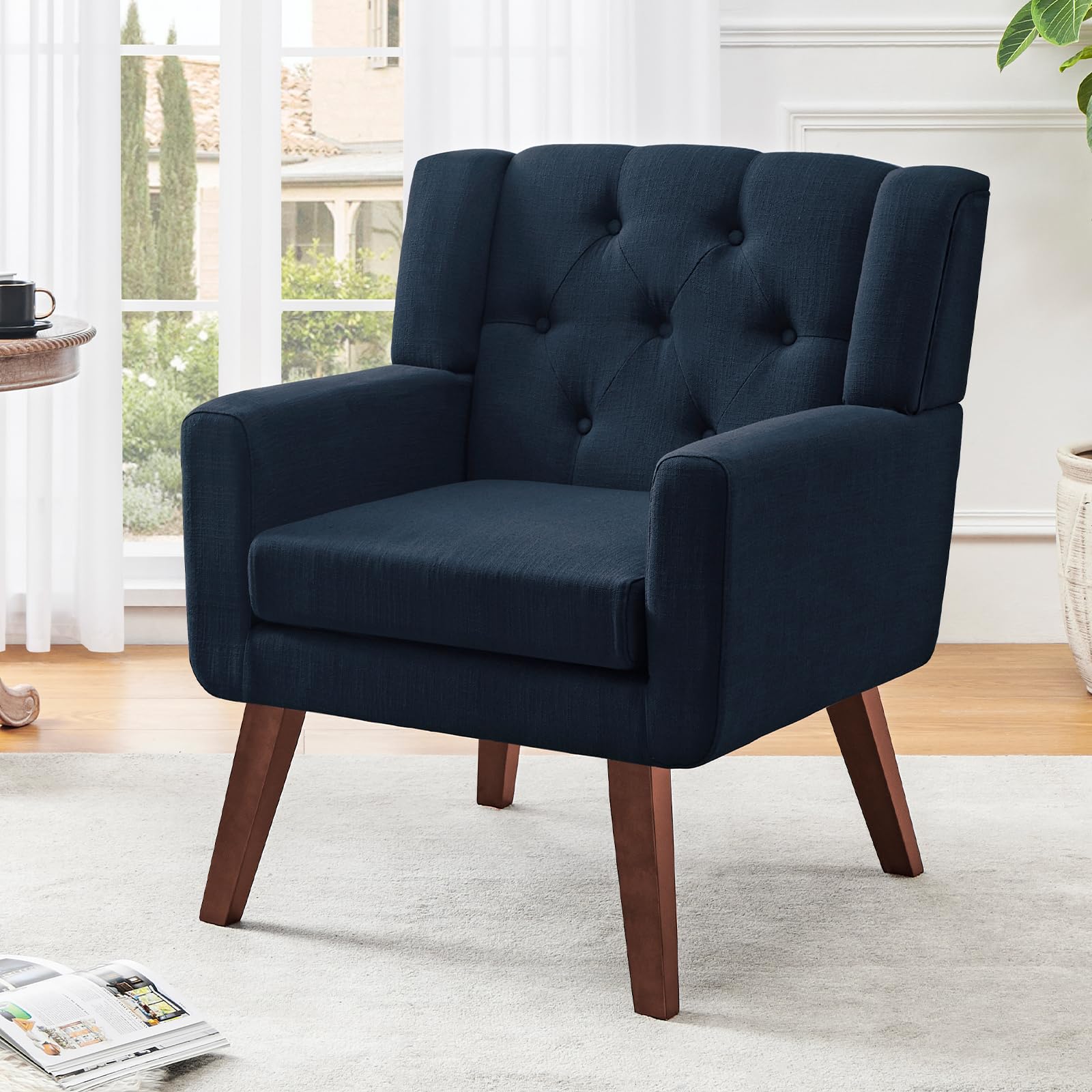 Living&Giving Accent Chair Button-Tufted Upholstered Living Room Chairs Comfy Reading Mid Century Modern with Linen Fabric Lounge Arm for Bedroom (Beige) 29.33D x 28.94W x 34.65H Inch