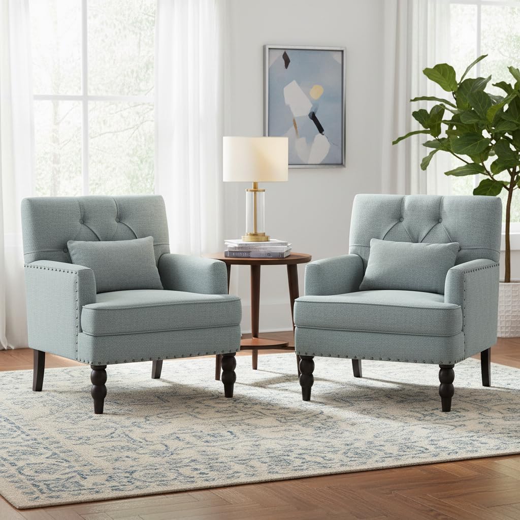 Mid-Century Linen Studded Armchair with Pillow, Beige