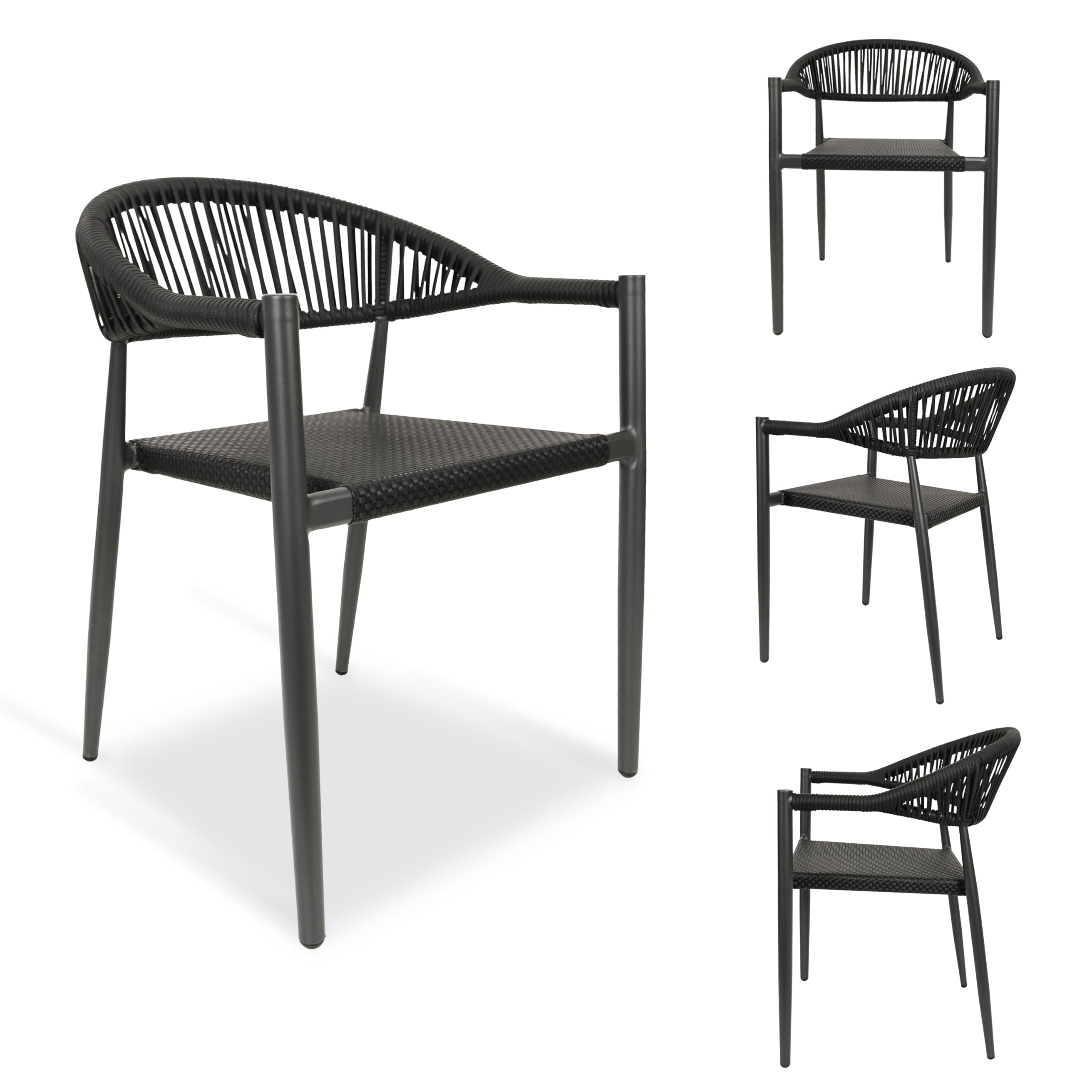 4 Pcs Stackable Patio Dining Chairs, Aluminum Rattan Outdoor Dining Chair with Arms, Woven Rope Garden Armchair Metal No Assembly for Bistro Balcony Porch Deck Yard Cafe Restaurant, Light Brown