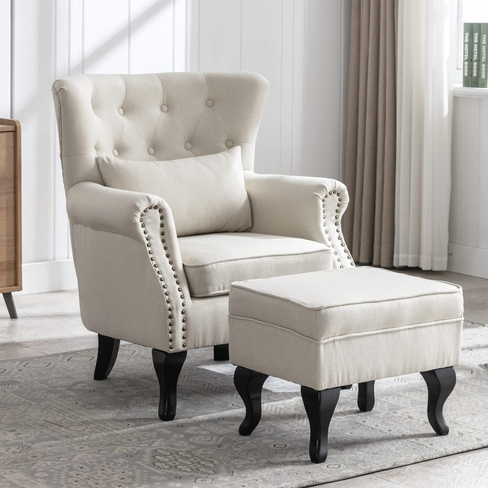 Mid Century Modern Accent Chair Upholstered Armchair Comfy Linen Fabric Single Sofa with Tufted Wingback for Small Spaces Bedroom Living Room, Beige