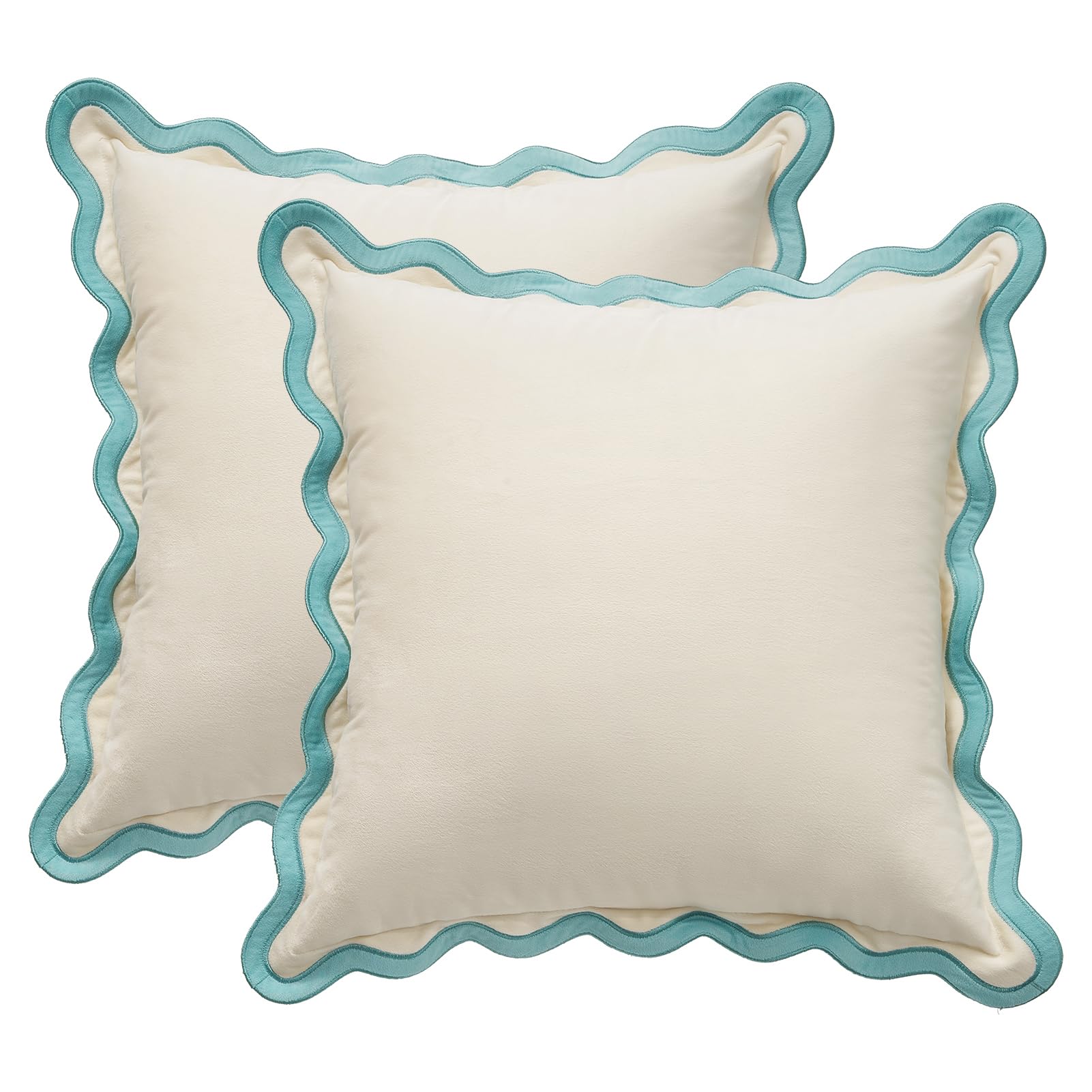 MONDAY MOOSE Decorative Throw Pillow Covers Cushion Cases, Set of 2 Soft Velvet Scalloped Wavy Edge Designs, Pillow Inserts Not Included (22x22 inch, Light Green/Light Blue)