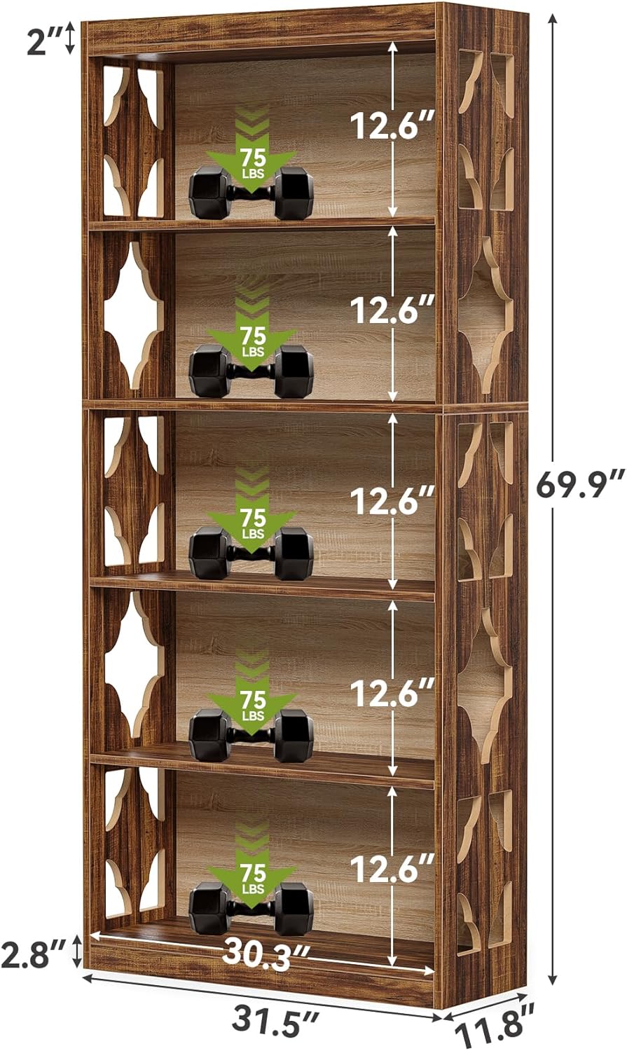 LITTLE TREE 69.9" Vintage Bookshelf, 5-Tier Tall Bookshelves, Cutout Design Vertical Bookcase, Freestanding Storage Display Shelf for Living Room, Bedroom, Study, Office, 1 Pack