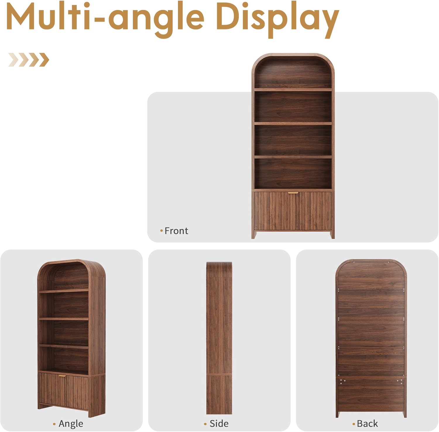 LEVNARY Arched Bookcase with Drawer, 70" Tall 5-Tier Bookshelf with Fluted Carved Drawer, Freestanding Display Storage Cabinet for Living Room Home Office (Walnut)