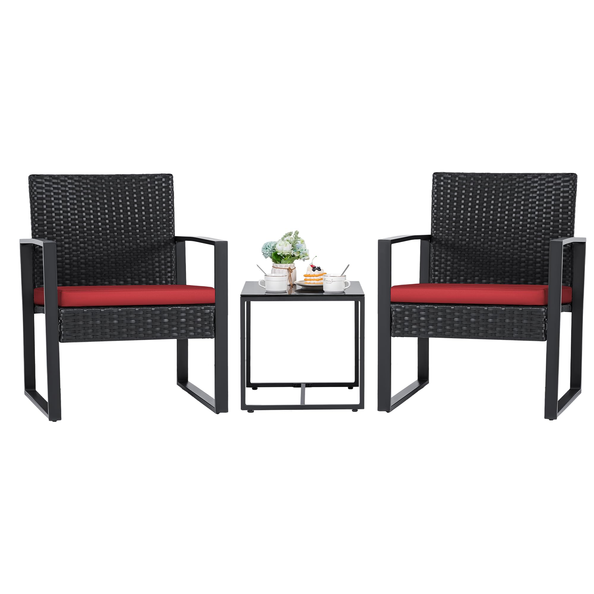Flamaker 3 Pieces Outdoor Patio Wicker Furniture Set, Modern Rattan Chair Conversation Sets with Coffee Table for Yard and Bistro (Black)