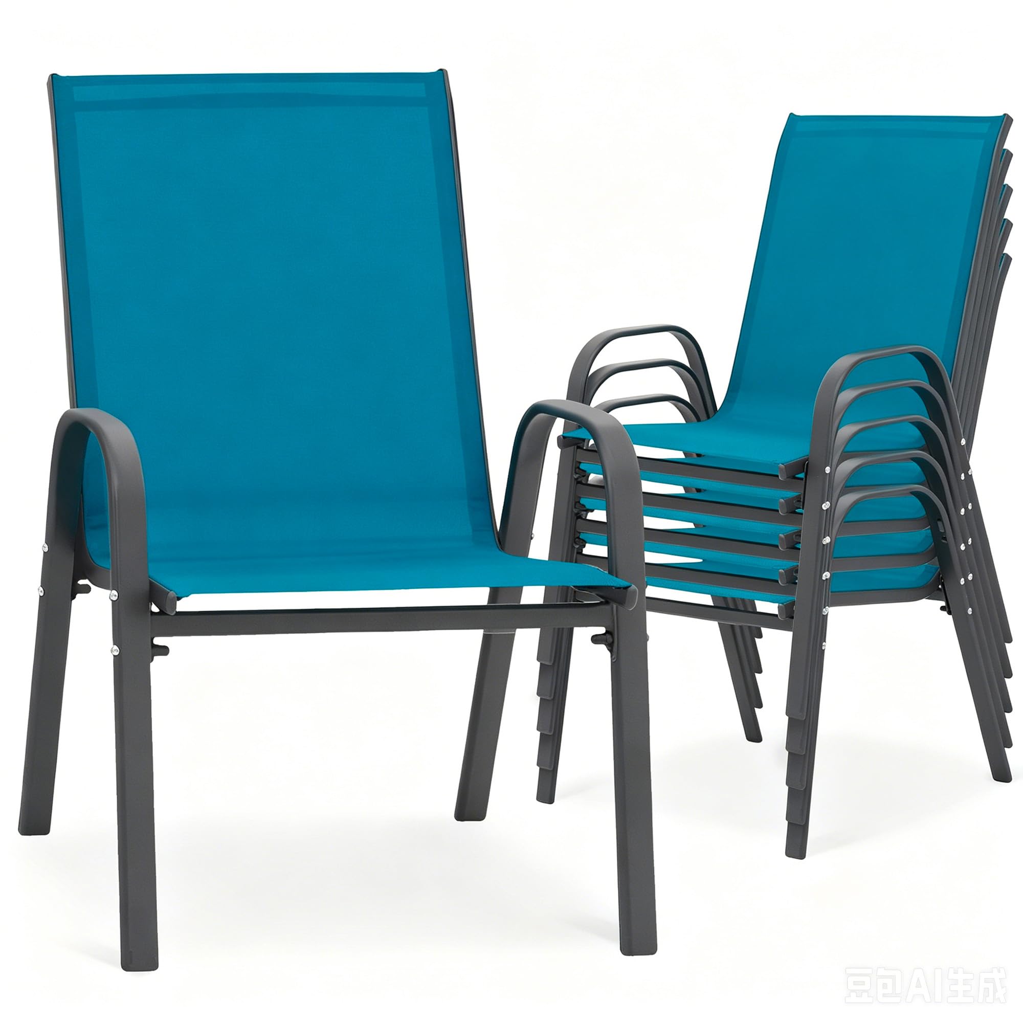 24.4" Wide Outdoor Stackable Chairs Set of 4, Stacking Patio Chairs with Textilene Fabric, Outside Furniture for Garden Backyard Balconie Poolside Deck, Brown