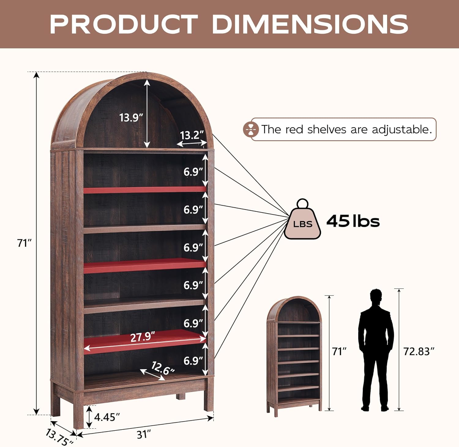 71" 7-Tier Arched Wood Bookshelf Adjustable Shelves, Brown