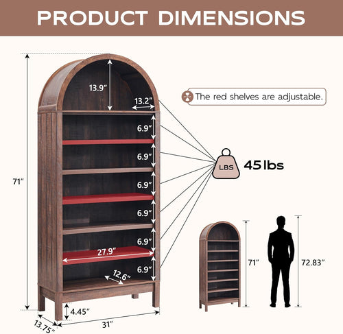 71" 7-Tier Arched Wood Bookshelf Adjustable Shelves, Brown