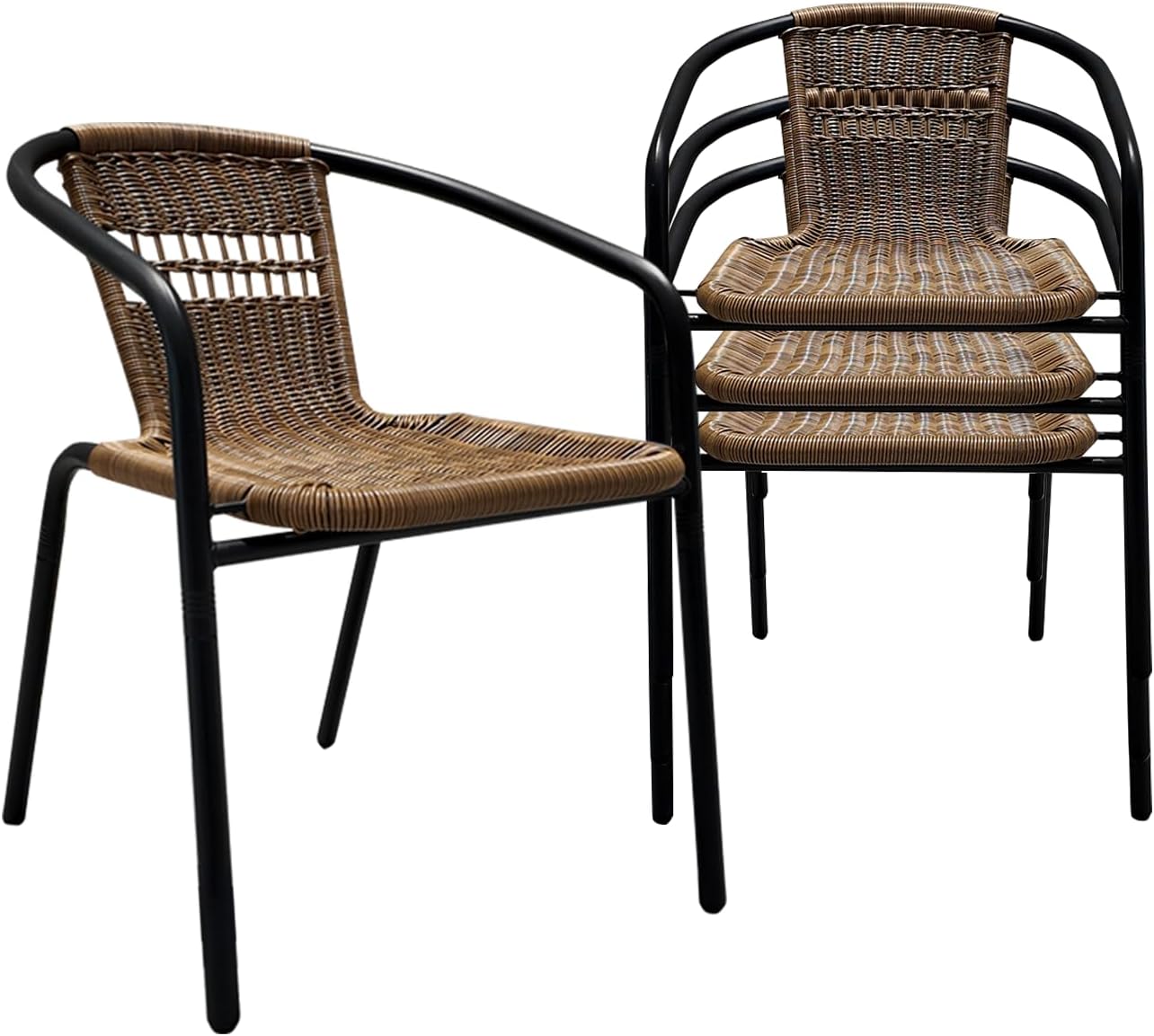 4 Pack Brown Stackable Outdoor Rattan Chairs, All-Weather Patio Seating for Balcony Porch Lawn, Small Patio Furniture Set for Front Porch Decor & Outdoor Spaces