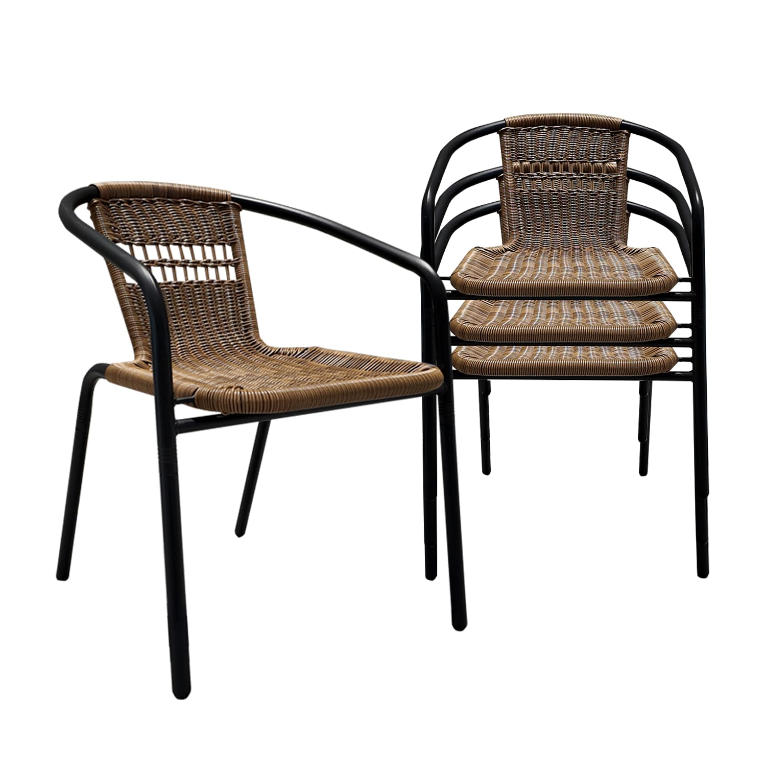 4 Pack Brown Stackable Outdoor Rattan Chairs, All-Weather Patio Seating for Balcony Porch Lawn, Small Patio Furniture Set for Front Porch Decor & Outdoor Spaces