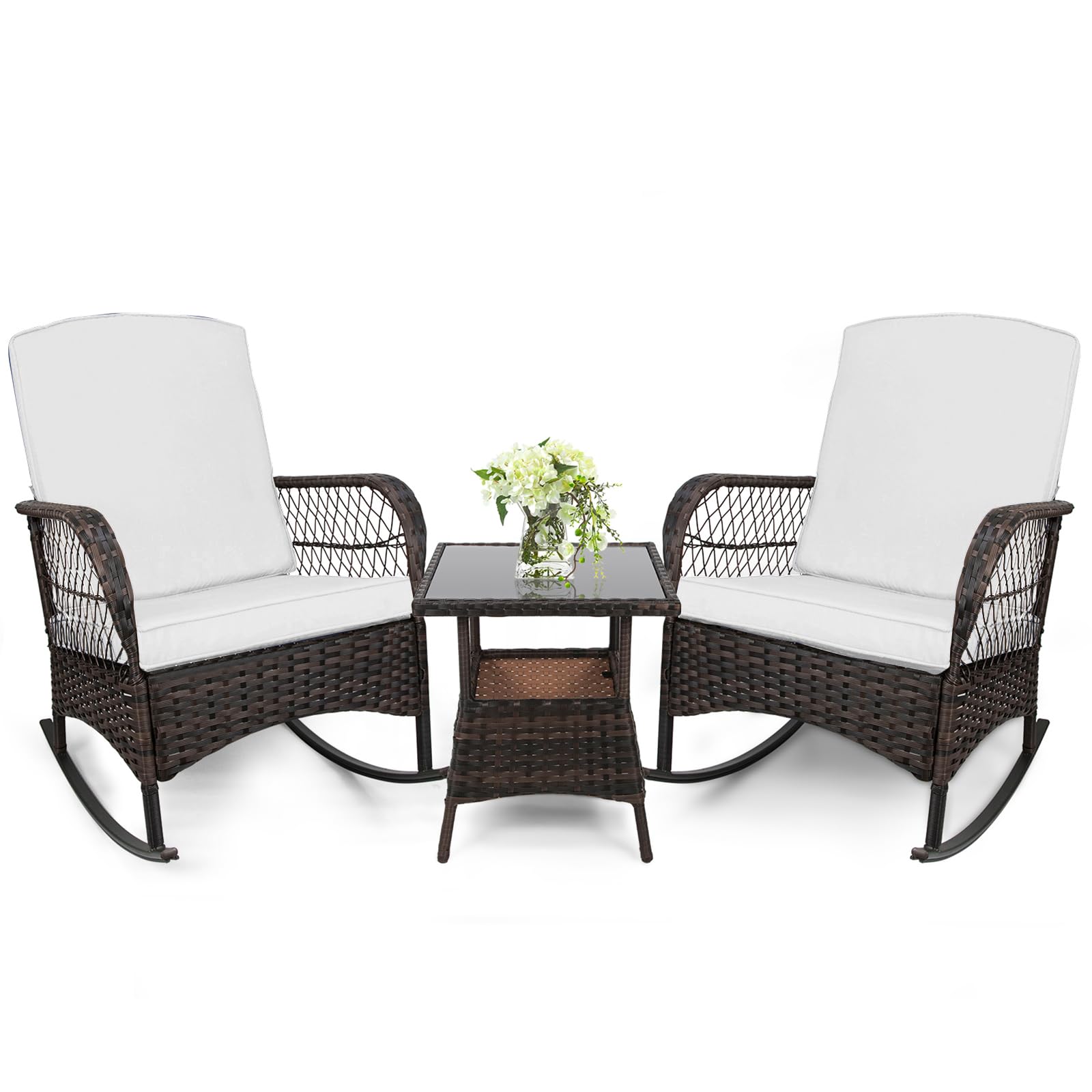 LEVELEVE 3 pcs Rocking Bistro Set Conversation Chairs PE Wicker Outdoor Rocking Chairs & Glass Table,for Porch Lawn Garden Backyard Deck(Rocking Set,Black)