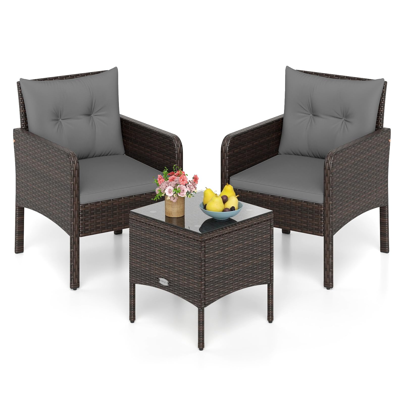 Tangkula 3 Piece Wicker Chairs with Glass Top Coffee Table, Thick Cushions, All Weather Garden Lawn Poolside Backyard Porch Outdoor Patio Furniture Set for 2 (Turquoise)
