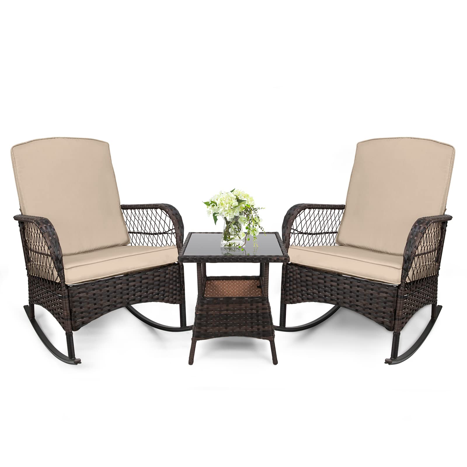 LEVELEVE 3 pcs Rocking Bistro Set Conversation Chairs PE Wicker Outdoor Rocking Chairs & Glass Table,for Porch Lawn Garden Backyard Deck(Rocking Set,Black)