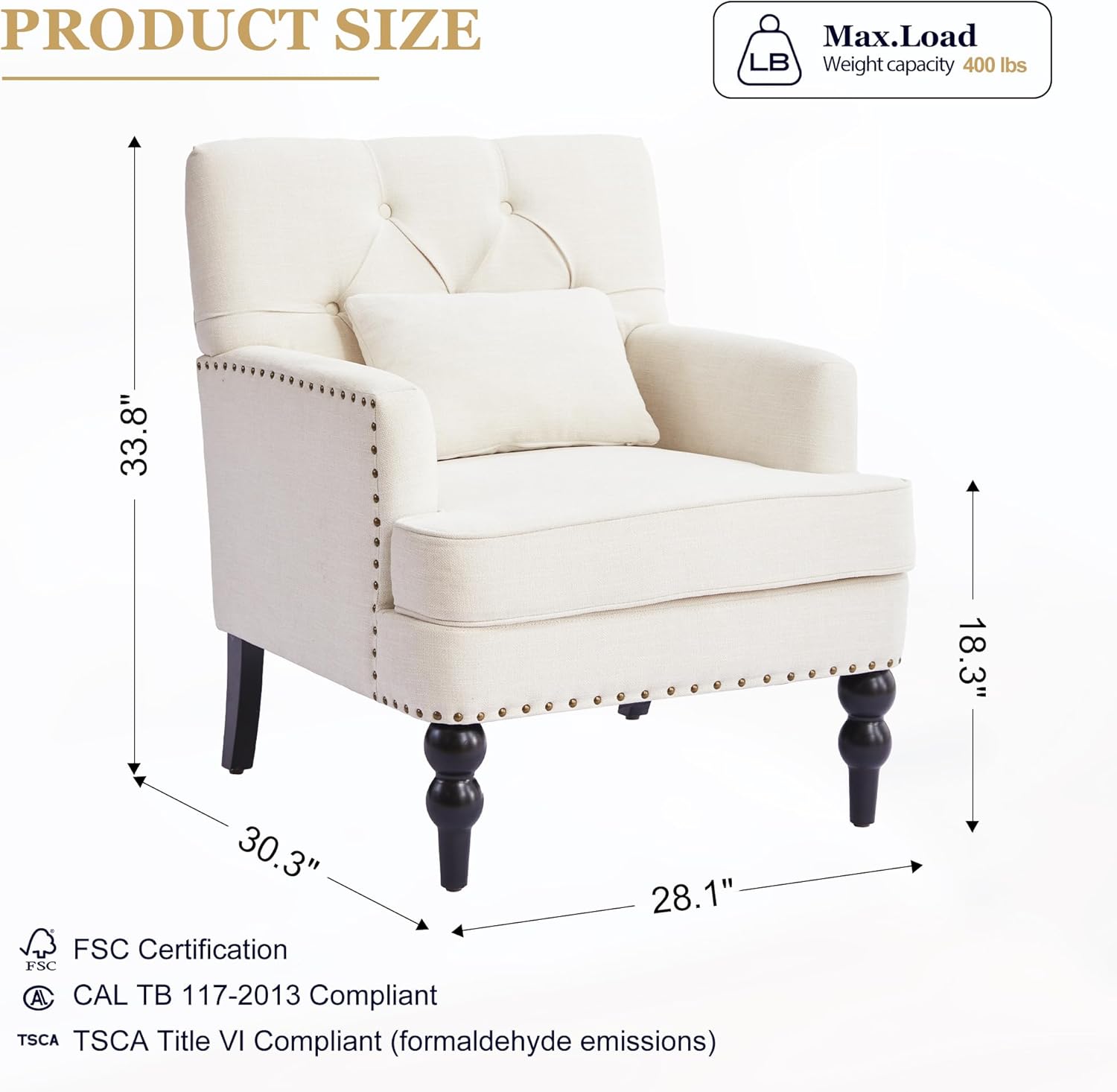 Mid-Century Linen Studded Armchair with Pillow, Beige