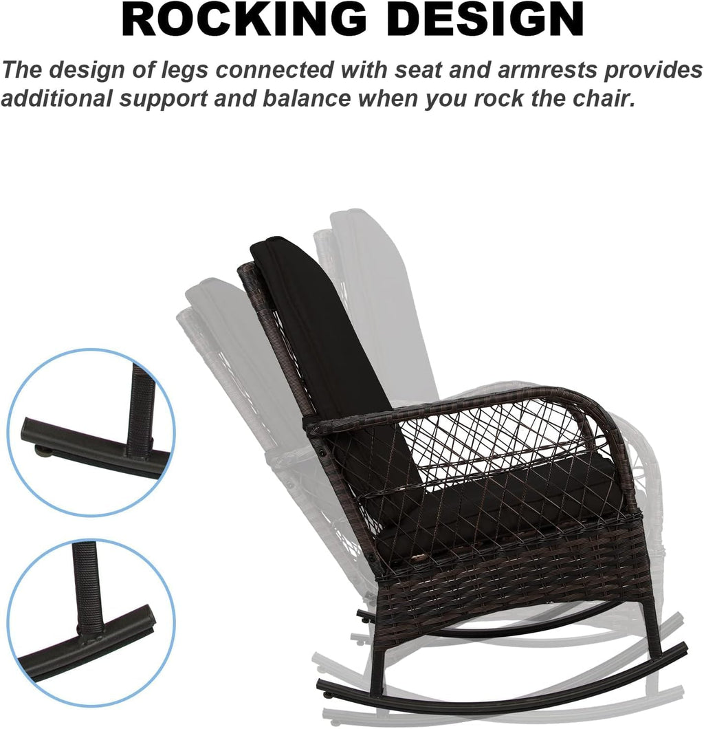 LEVELEVE 3 pcs Rocking Bistro Set Conversation Chairs PE Wicker Outdoor Rocking Chairs & Glass Table,for Porch Lawn Garden Backyard Deck(Rocking Set,Black)