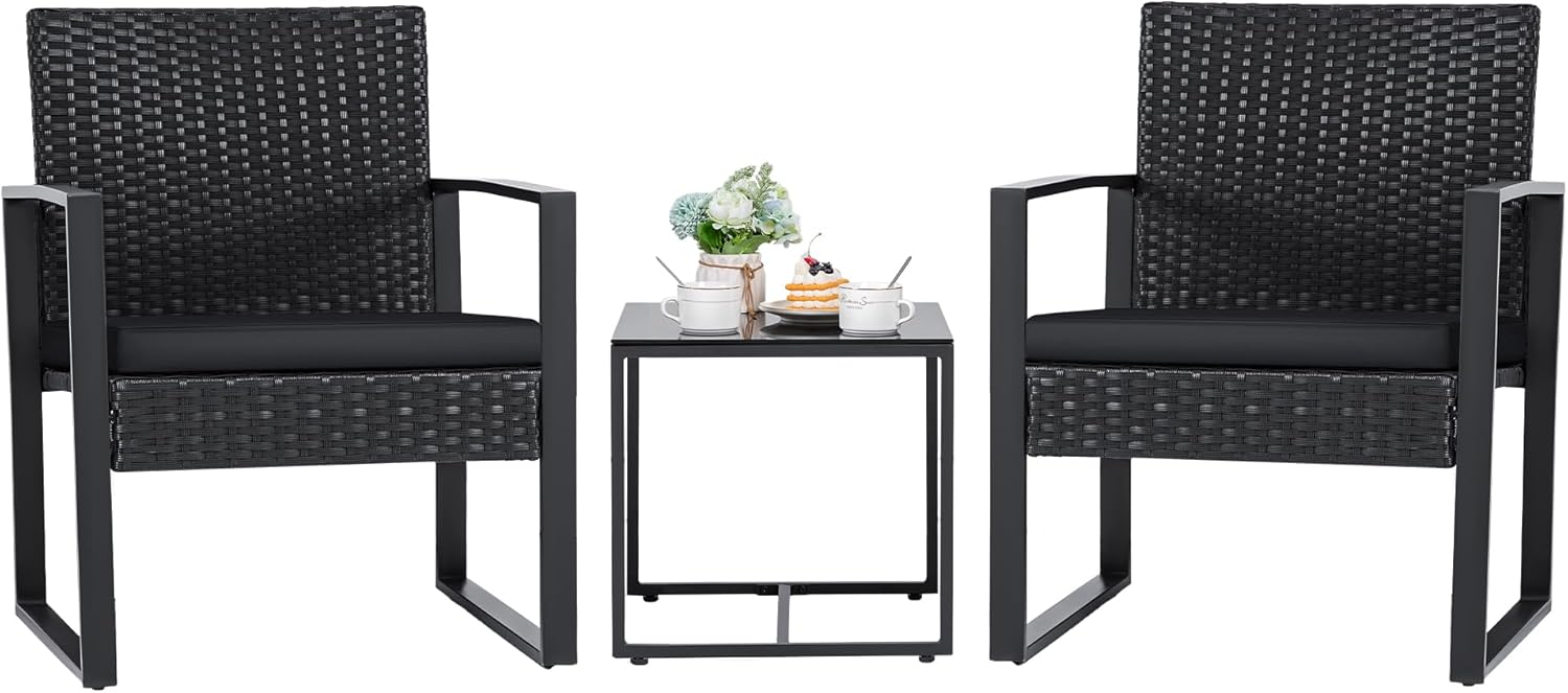 Flamaker 3 Pieces Outdoor Patio Wicker Furniture Set, Modern Rattan Chair Conversation Sets with Coffee Table for Yard and Bistro (Black)