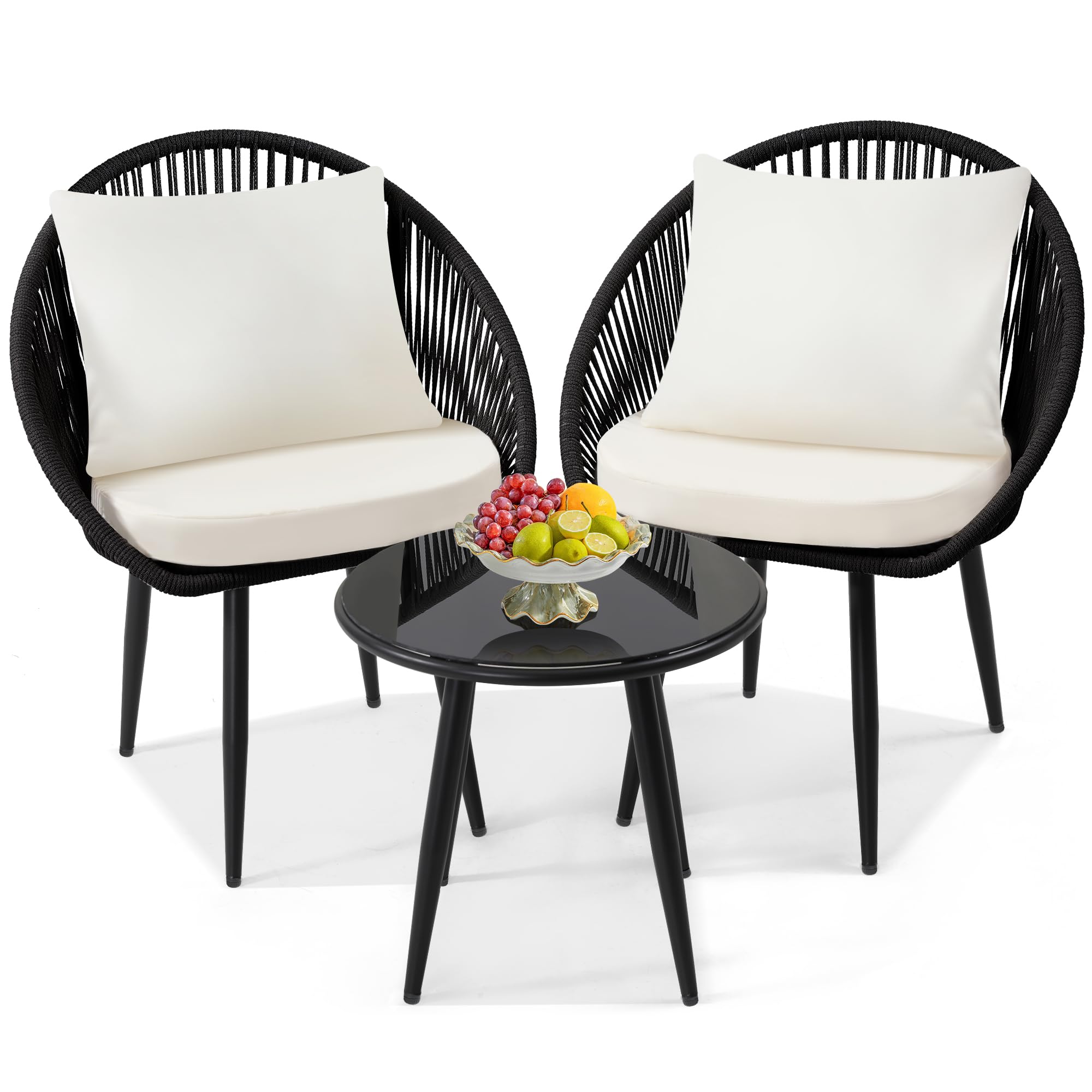 wildformers 3 Pieces Bistro Set, Woven Rope Chair with Cushions, All Weather Patio Conversation Set and Side Table, Ideal for Deck, Balcony, Poolside, Black