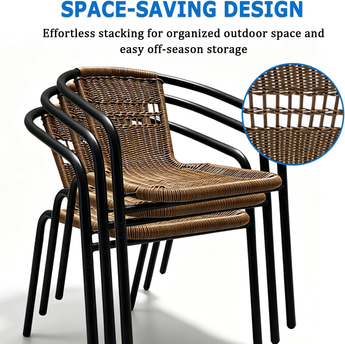 4 Pack Brown Stackable Outdoor Rattan Chairs, All-Weather Patio Seating for Balcony Porch Lawn, Small Patio Furniture Set for Front Porch Decor & Outdoor Spaces