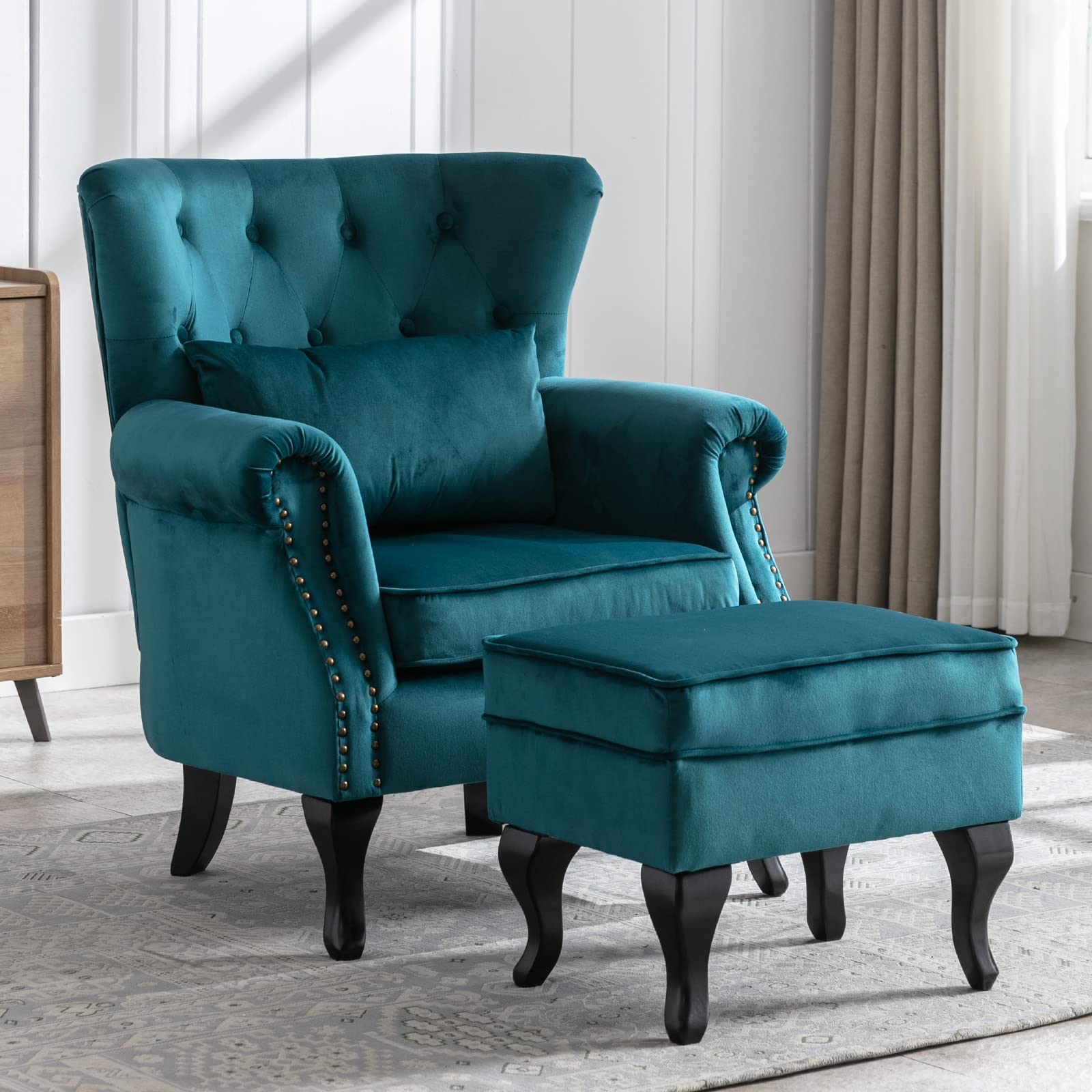 Mid Century Modern Accent Chair Upholstered Armchair Comfy Linen Fabric Single Sofa with Tufted Wingback for Small Spaces Bedroom Living Room, Beige