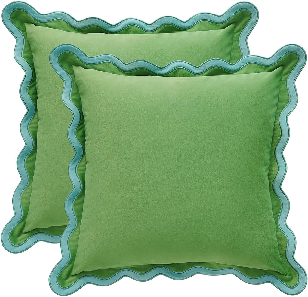 MONDAY MOOSE Decorative Throw Pillow Covers Cushion Cases, Set of 2 Soft Velvet Scalloped Wavy Edge Designs, Pillow Inserts Not Included (22x22 inch, Light Green/Light Blue)