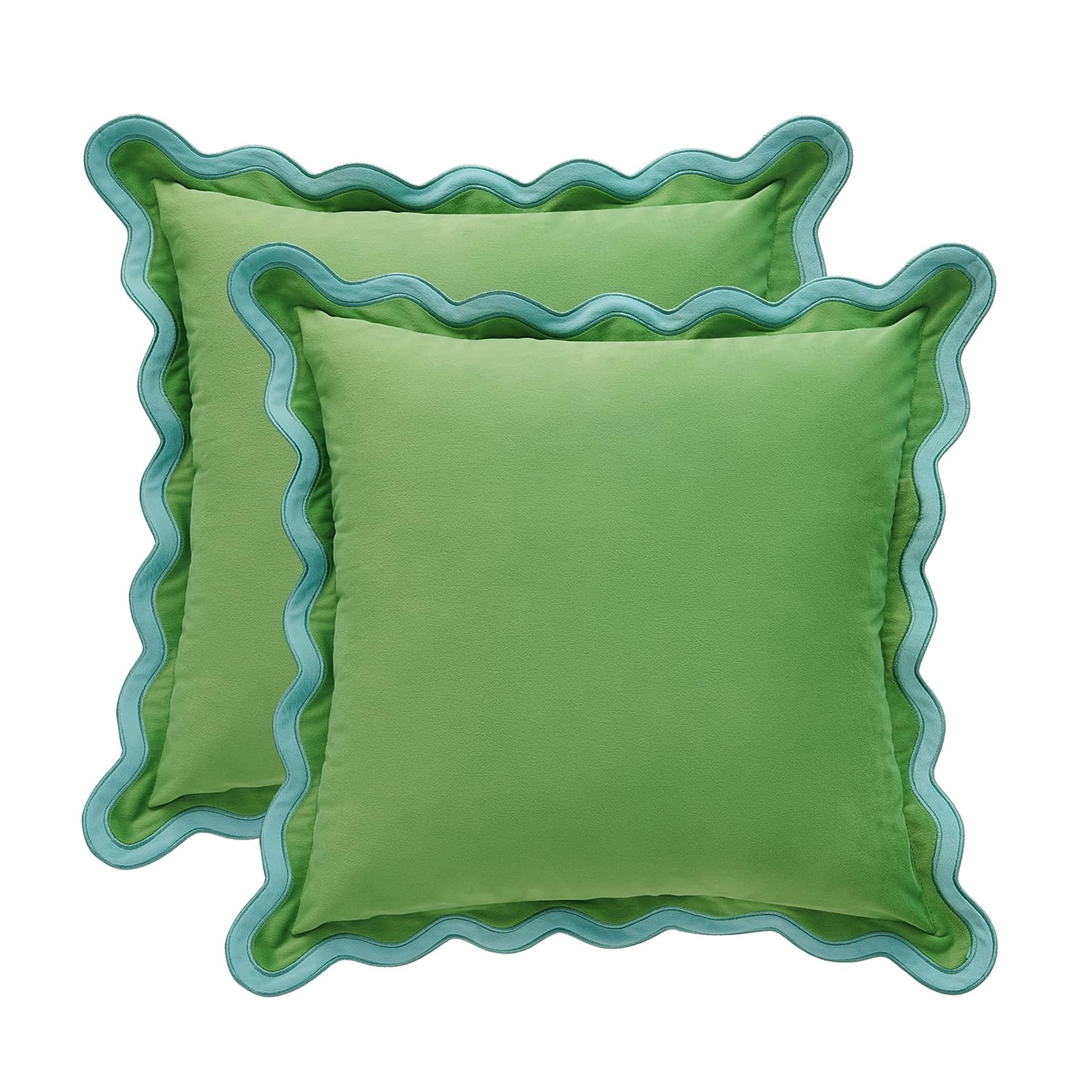 MONDAY MOOSE Decorative Throw Pillow Covers Cushion Cases, Set of 2 Soft Velvet Scalloped Wavy Edge Designs, Pillow Inserts Not Included (22x22 inch, Light Green/Light Blue)