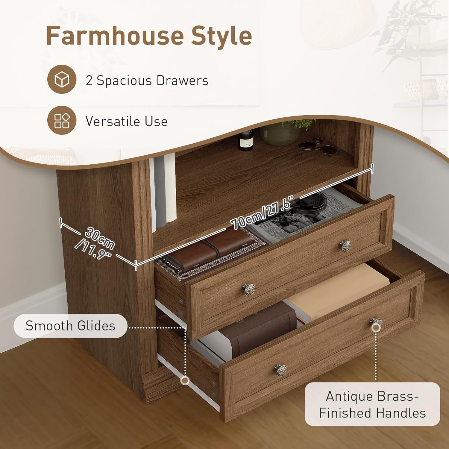 RALGEND Farmhouse Arched Bookshelf, 7 Tiers Arch Bookcase with 2 Spacious Drawers, Modern Book Shelf with Open Display Shelves and Storage Cabinet, for Office, Living Room, Kitchen, Walnut