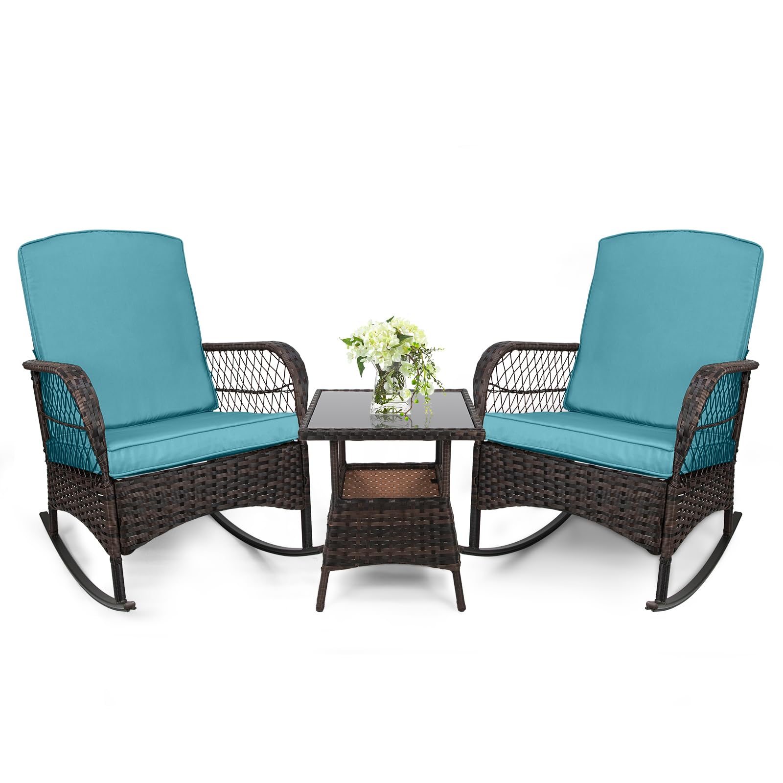 LEVELEVE 3 pcs Rocking Bistro Set Conversation Chairs PE Wicker Outdoor Rocking Chairs & Glass Table,for Porch Lawn Garden Backyard Deck(Rocking Set,Black)