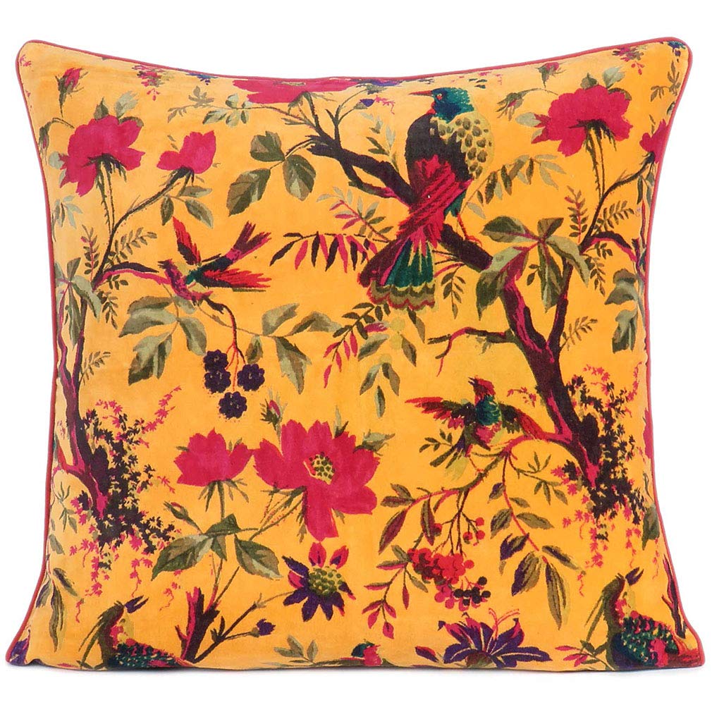 24x24 inch Burgundy Red Velvet Floral Flower Bird Throw Pillow Sofa Cushion Cover Case Couch Bohemian Accent Colorful Boho Chic Indian Handmade Cover Only