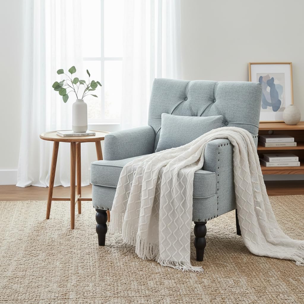 HUIMO Tufted Club Chair,Accent Chair with Lumbar Pillow, Upholstered Button Armchair, Linen Fabric Sofa Chairs for Bedroom, Living Room, Mid Century Modern with Studded Reading Chair Light Blue