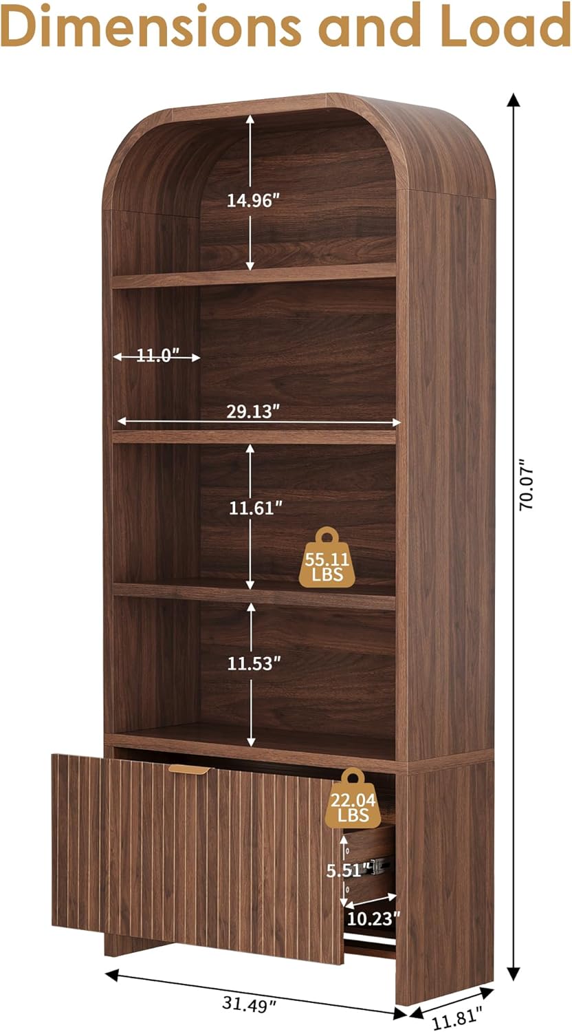 LEVNARY Arched Bookcase with Drawer, 70" Tall 5-Tier Bookshelf with Fluted Carved Drawer, Freestanding Display Storage Cabinet for Living Room Home Office (Walnut)