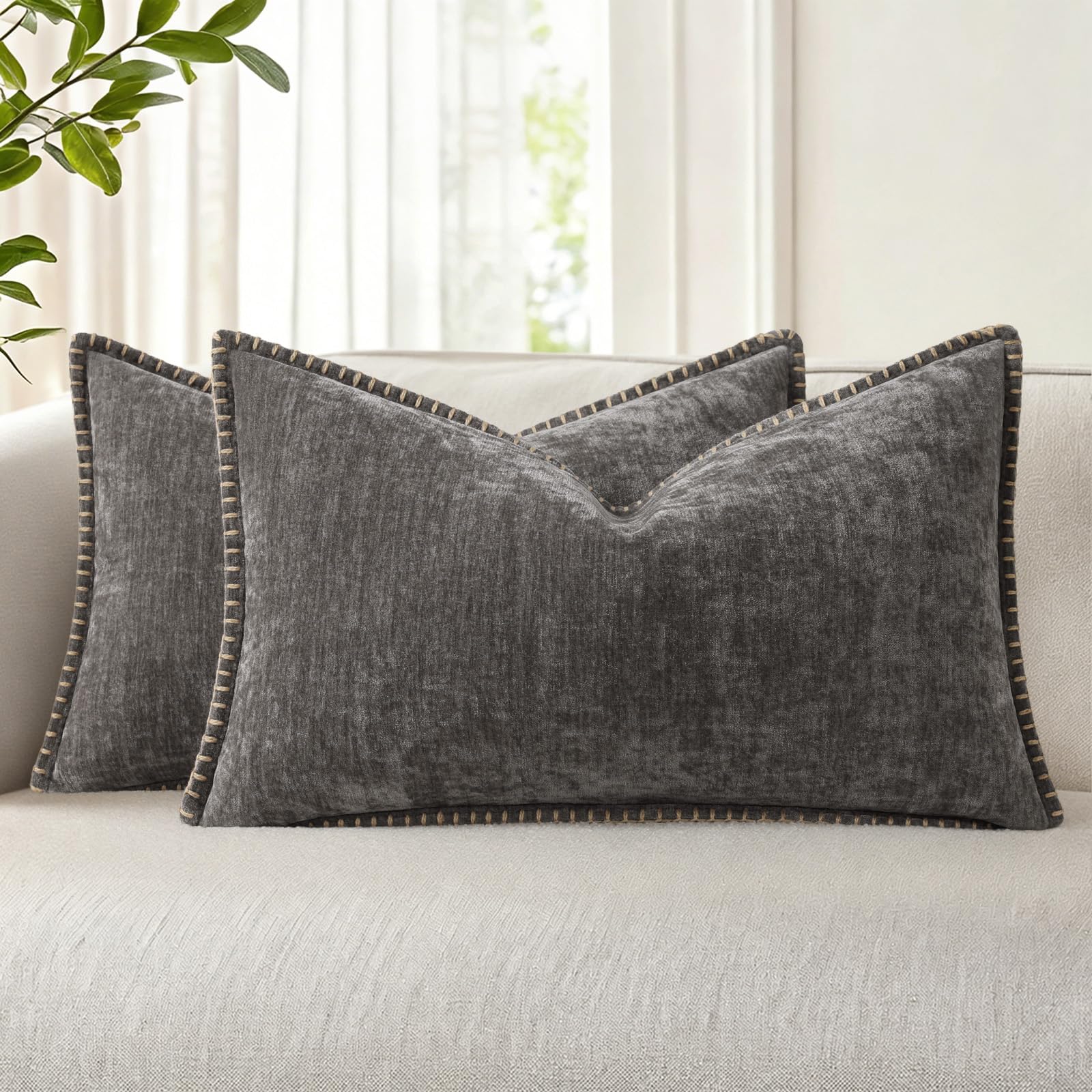 18x18 2-Pack Forest Green Chenille Pillow Covers, Stitched Edge