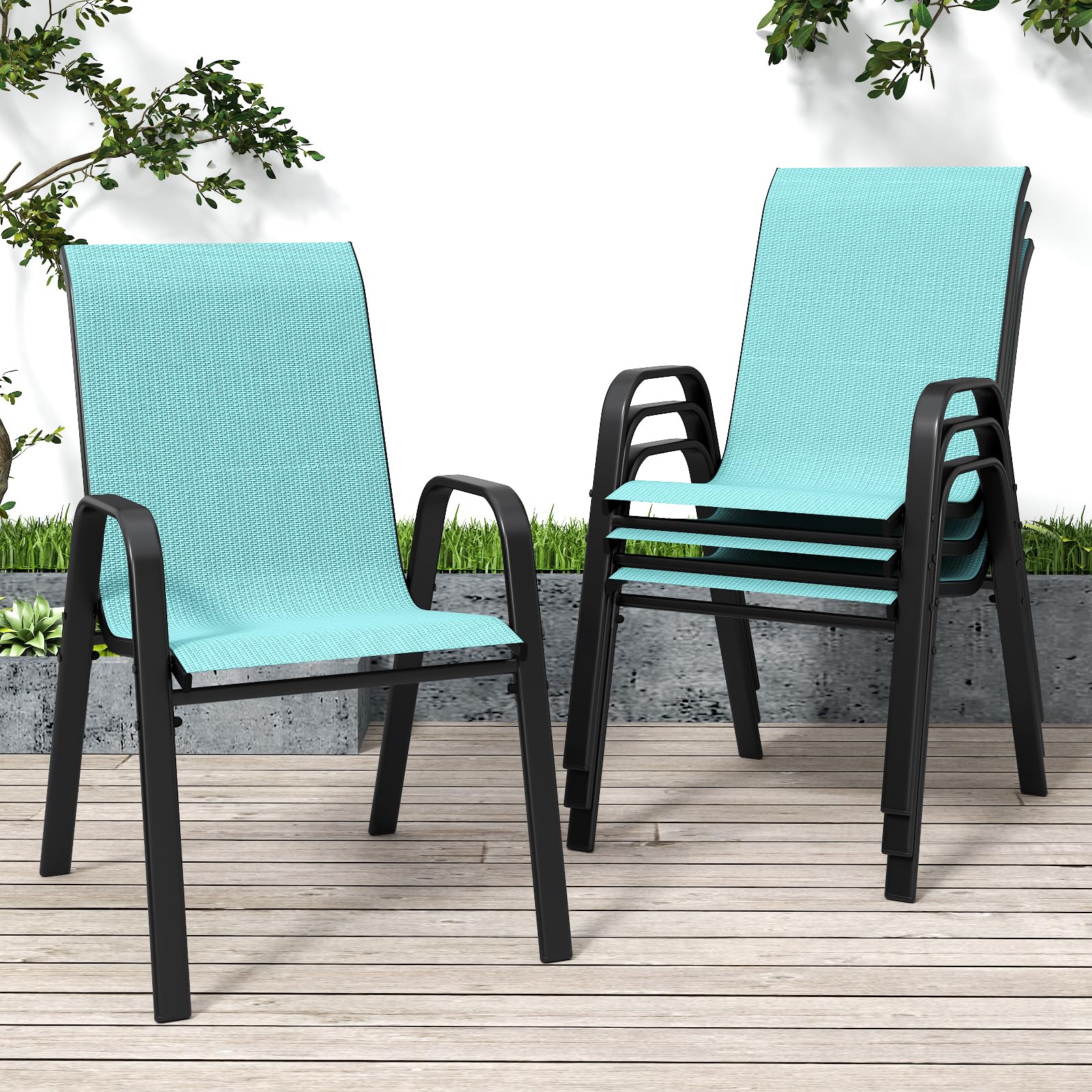 Patio Chairs Set of 6, Stackable Outdoor Dining Chairs for All Weather Textilene Fabric & Metal Frame, Outdoor Chairs Set for Backyard Deck Garden