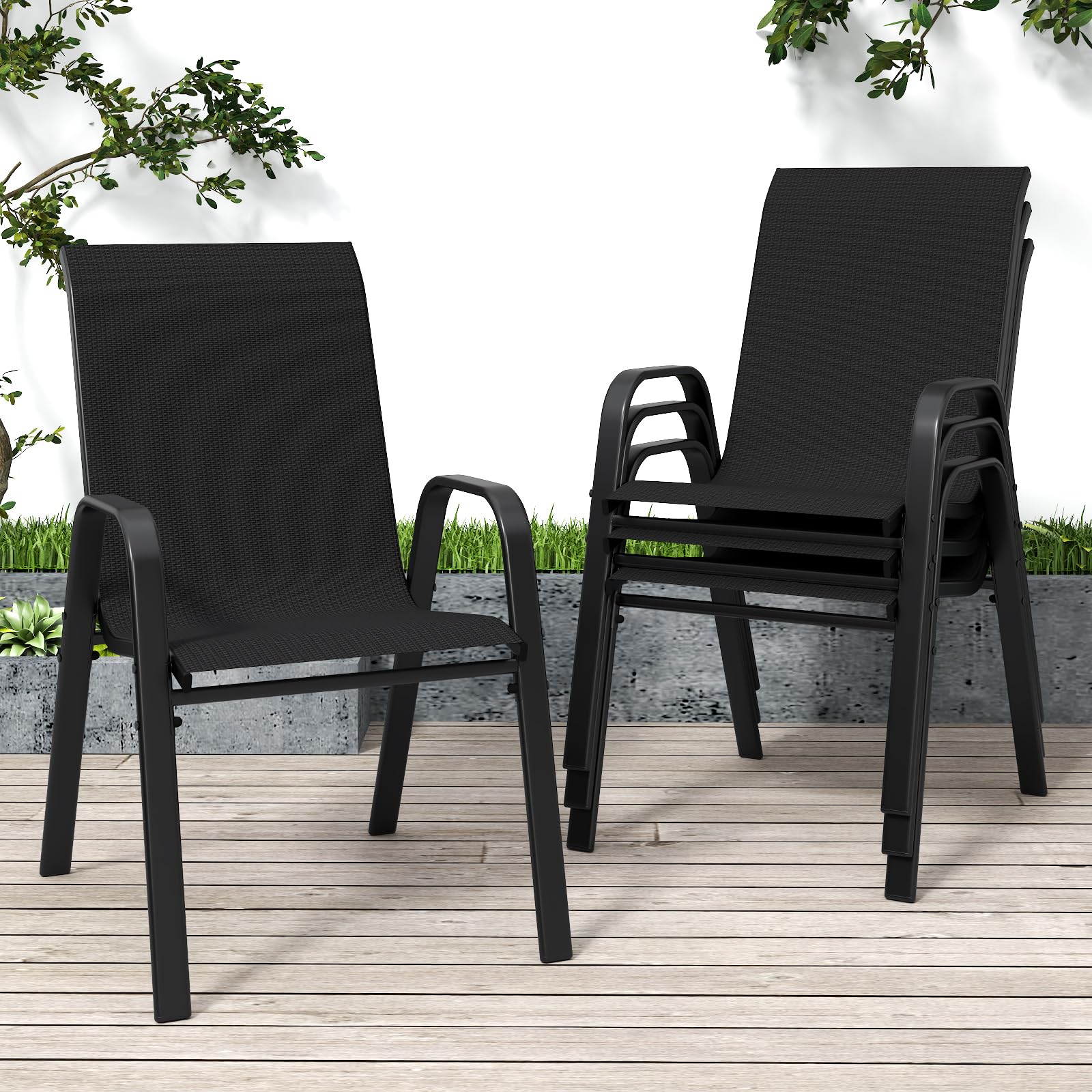 Patio Chairs Set of 6, Stackable Outdoor Dining Chairs for All Weather Textilene Fabric & Metal Frame, Outdoor Chairs Set for Backyard Deck Garden