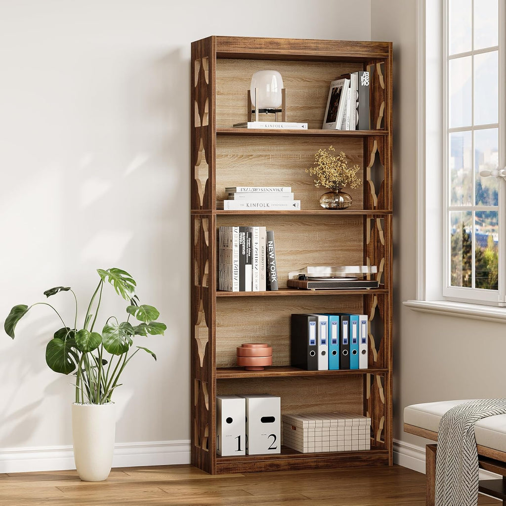 LITTLE TREE 69.9" Vintage Bookshelf, 5-Tier Tall Bookshelves, Cutout Design Vertical Bookcase, Freestanding Storage Display Shelf for Living Room, Bedroom, Study, Office, 1 Pack