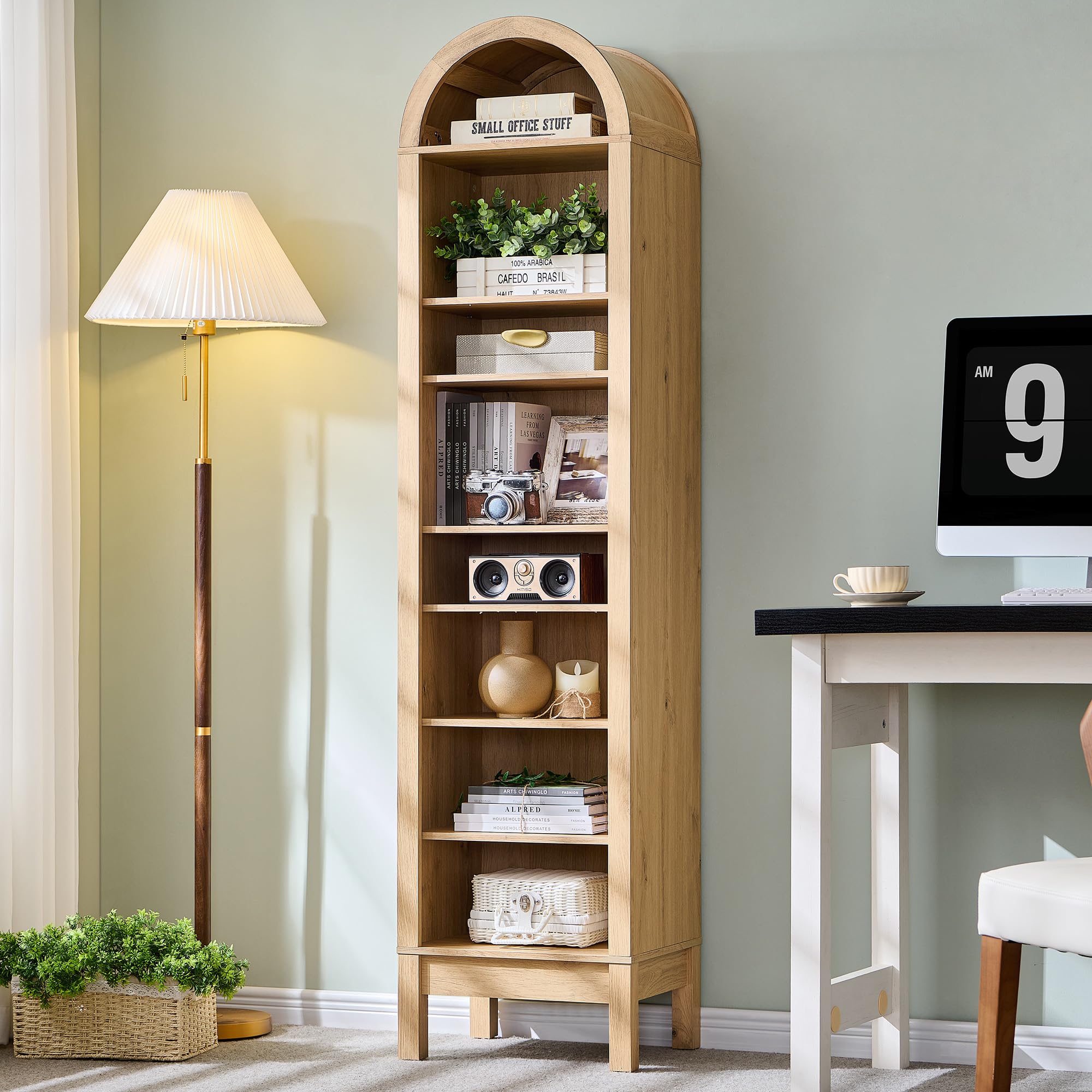71" 7-Tier Arched Wood Bookshelf Adjustable Shelves, Brown